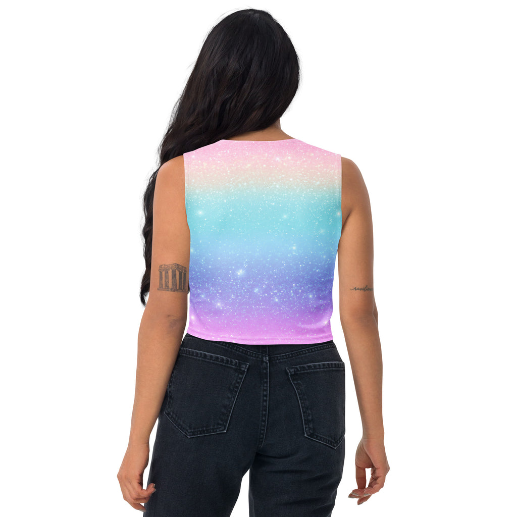Women's Faux Sparkle Effect Rainbow Buttery Soft Crop Top- Quick-Drying UPF 50+ Stretch Top