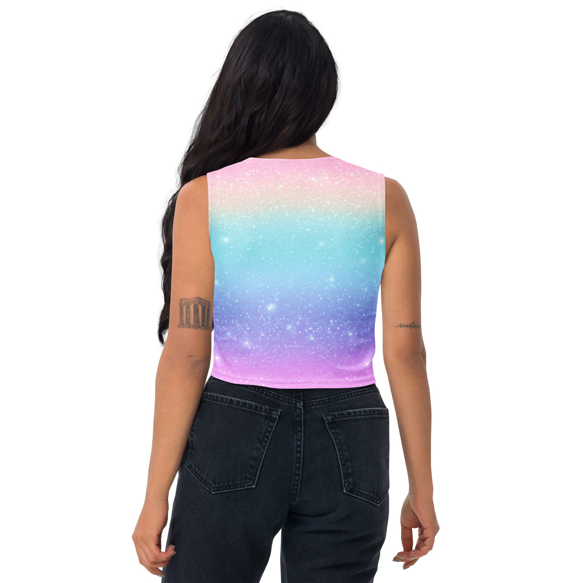 Women's Faux Sparkle Effect Rainbow Buttery Soft Crop Top- Quick-Drying UPF 50+ Stretch Top