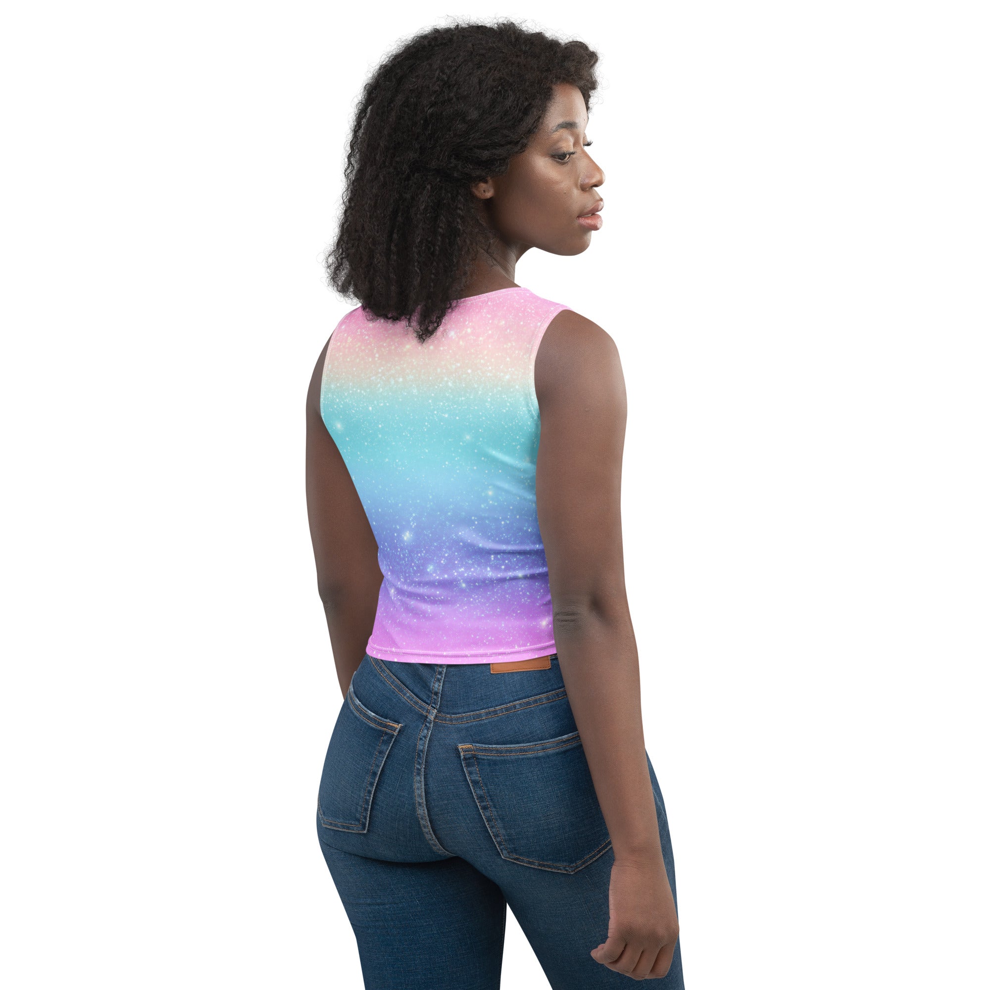 Women's Faux Sparkle Effect Rainbow Buttery Soft Crop Top- Quick-Drying UPF 50+ Stretch Top