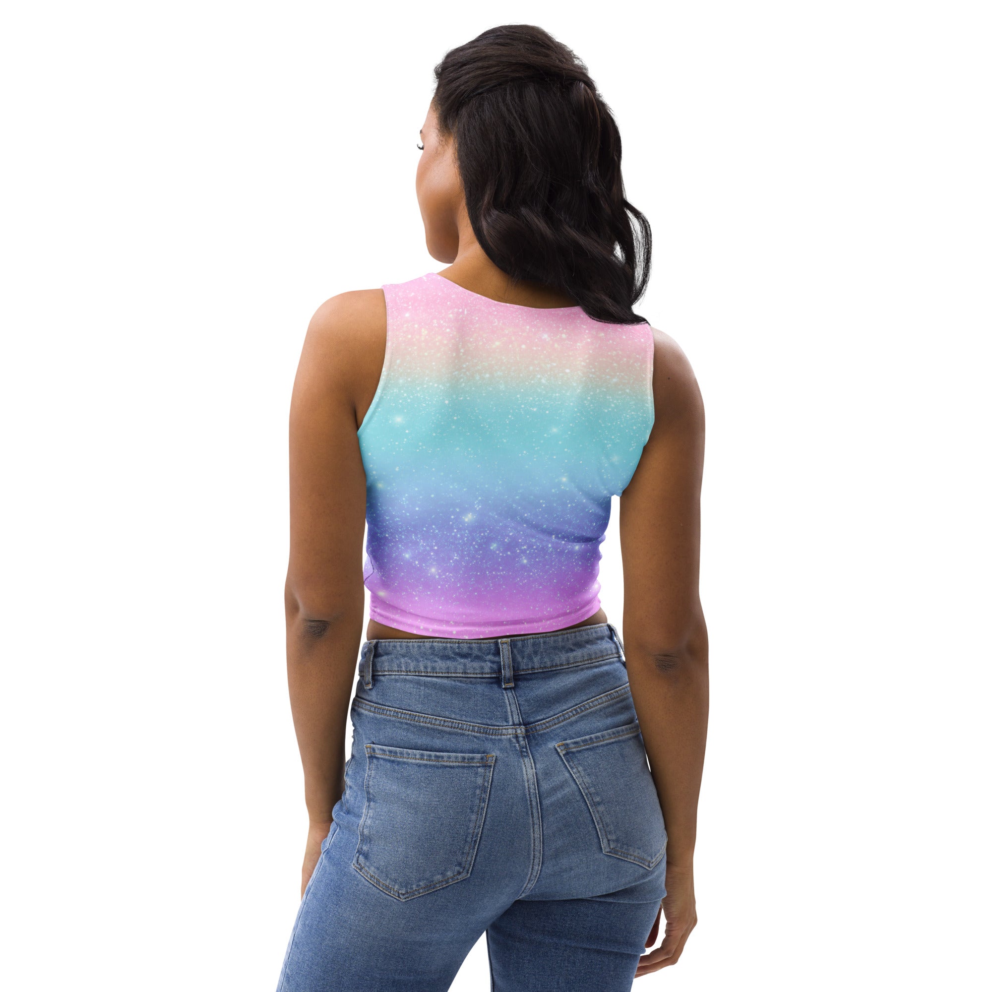 Women's Faux Sparkle Effect Rainbow Buttery Soft Crop Top- Quick-Drying UPF 50+ Stretch Top