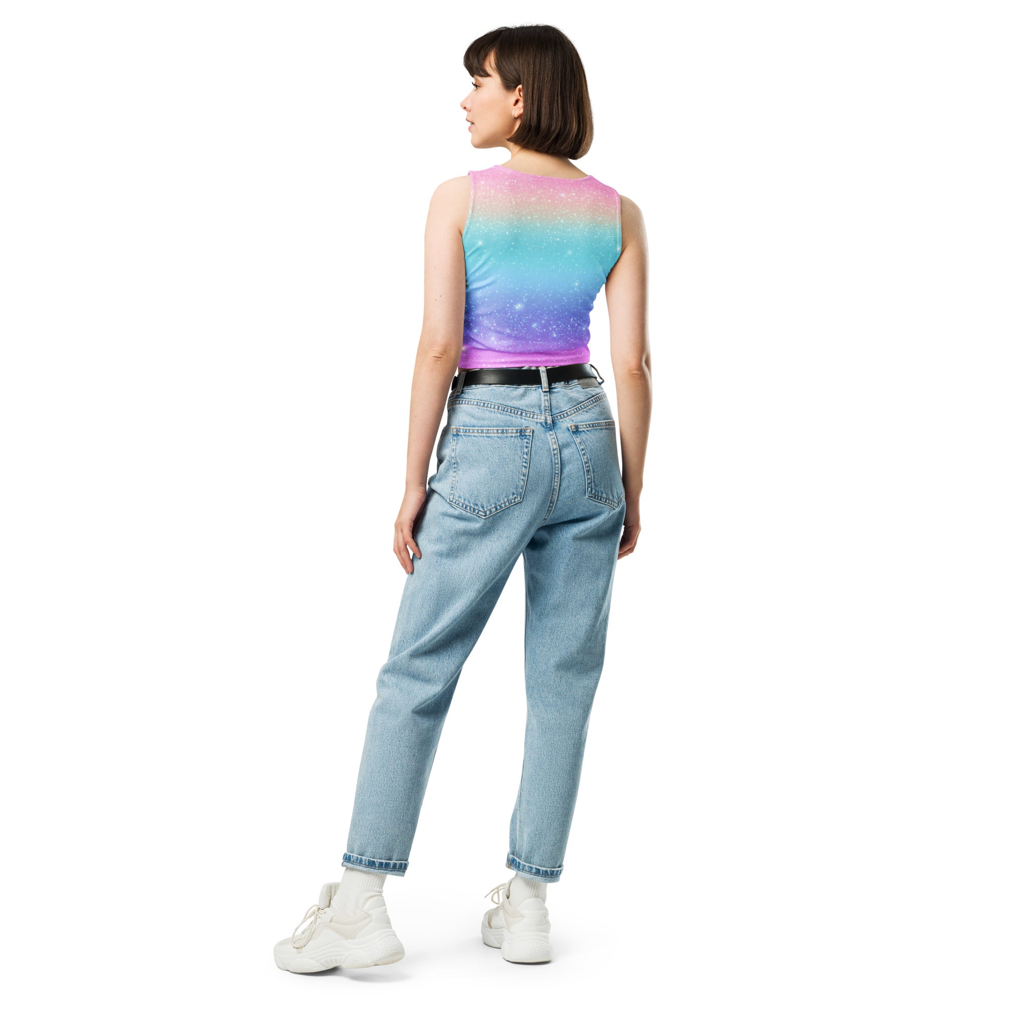 Women's Faux Sparkle Effect Rainbow Buttery Soft Crop Top- Quick-Drying UPF 50+ Stretch Top