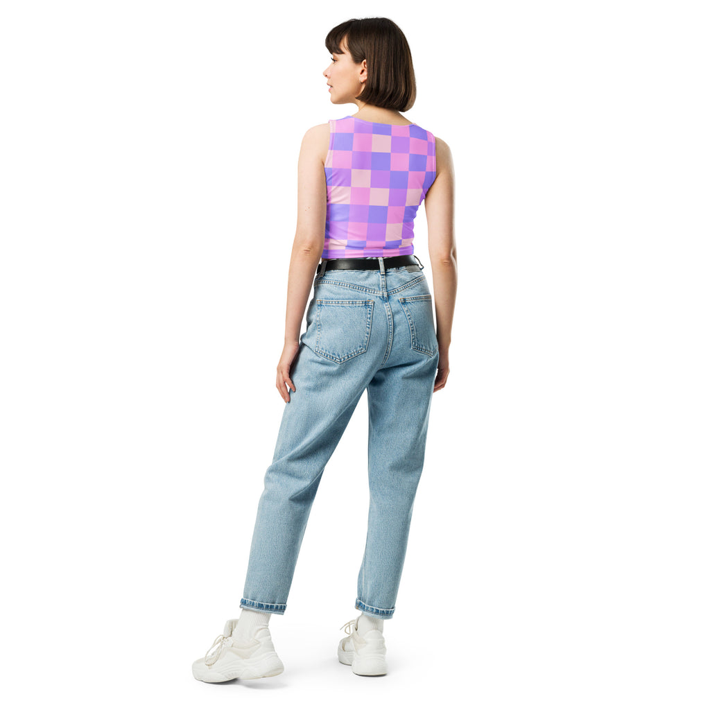 Women's Pastel Purple Gingham Buttery Soft Crop Top- Quick-Drying UPF 50+ Stretch Top