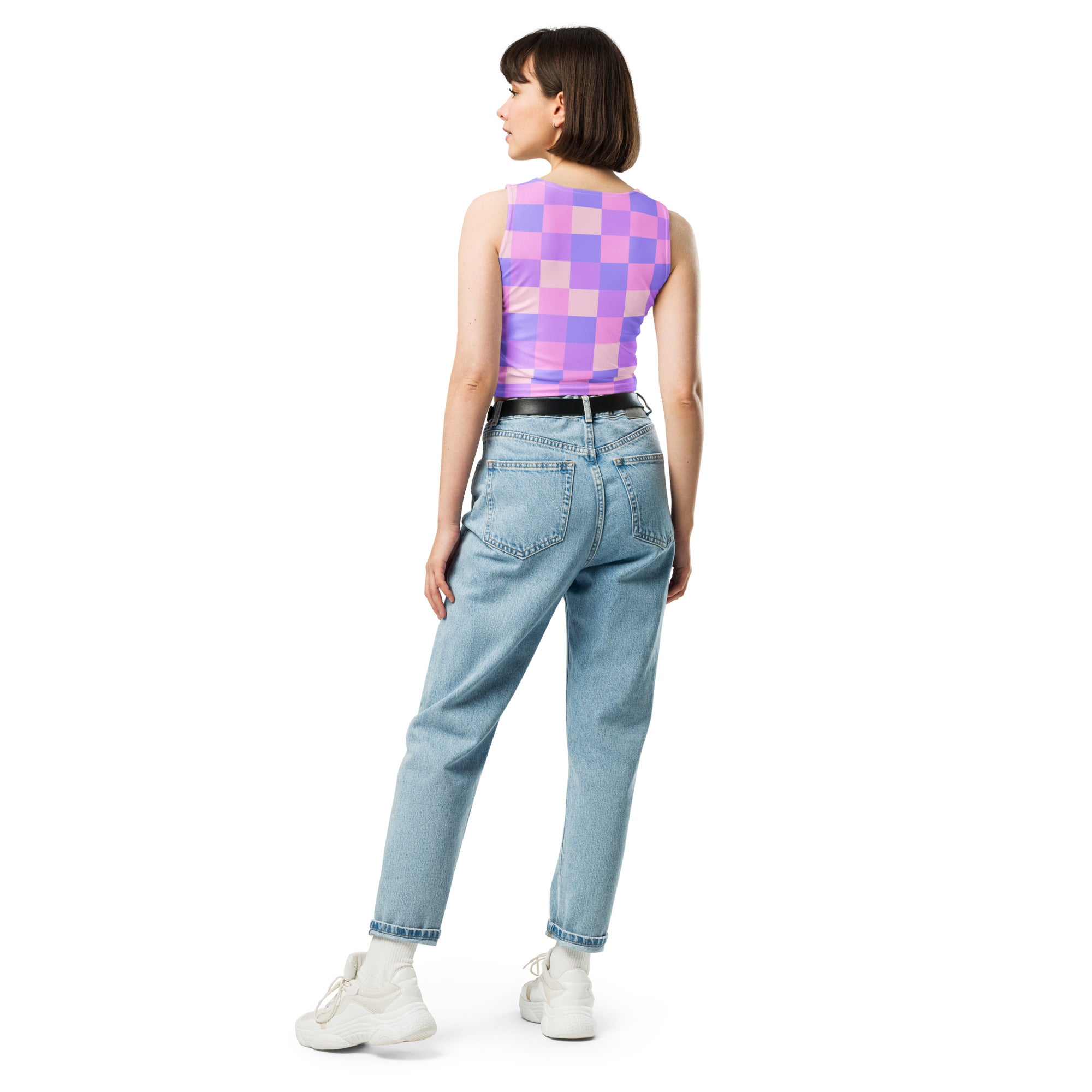 Women's Pastel Purple Gingham Buttery Soft Crop Top- Quick-Drying UPF 50+ Stretch Top
