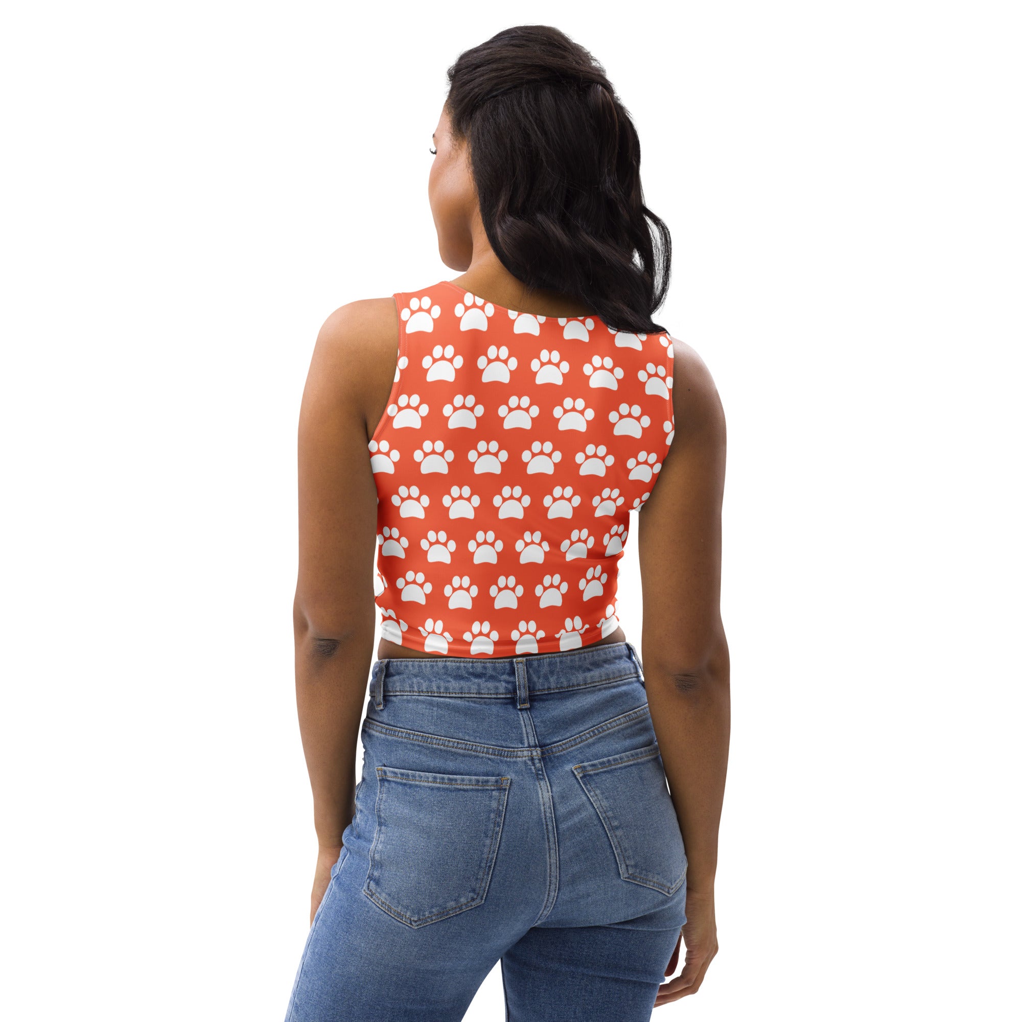 Women's Bright Orange Paw Print Buttery Soft Crop Top- Quick-Drying UPF 50+ Stretch Top