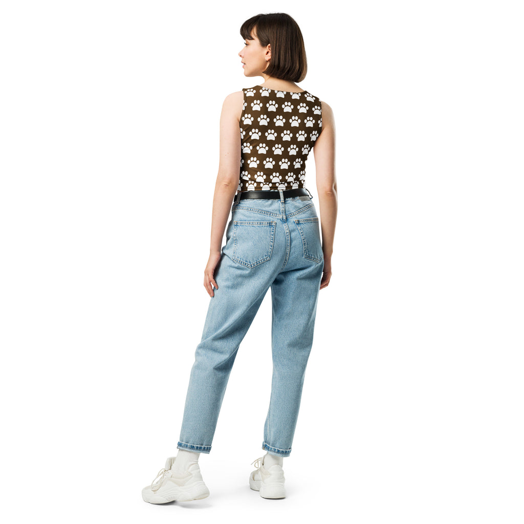 Women's Brown Paw Print Buttery Soft Crop Top- Quick-Drying UPF 50+ Stretch Top