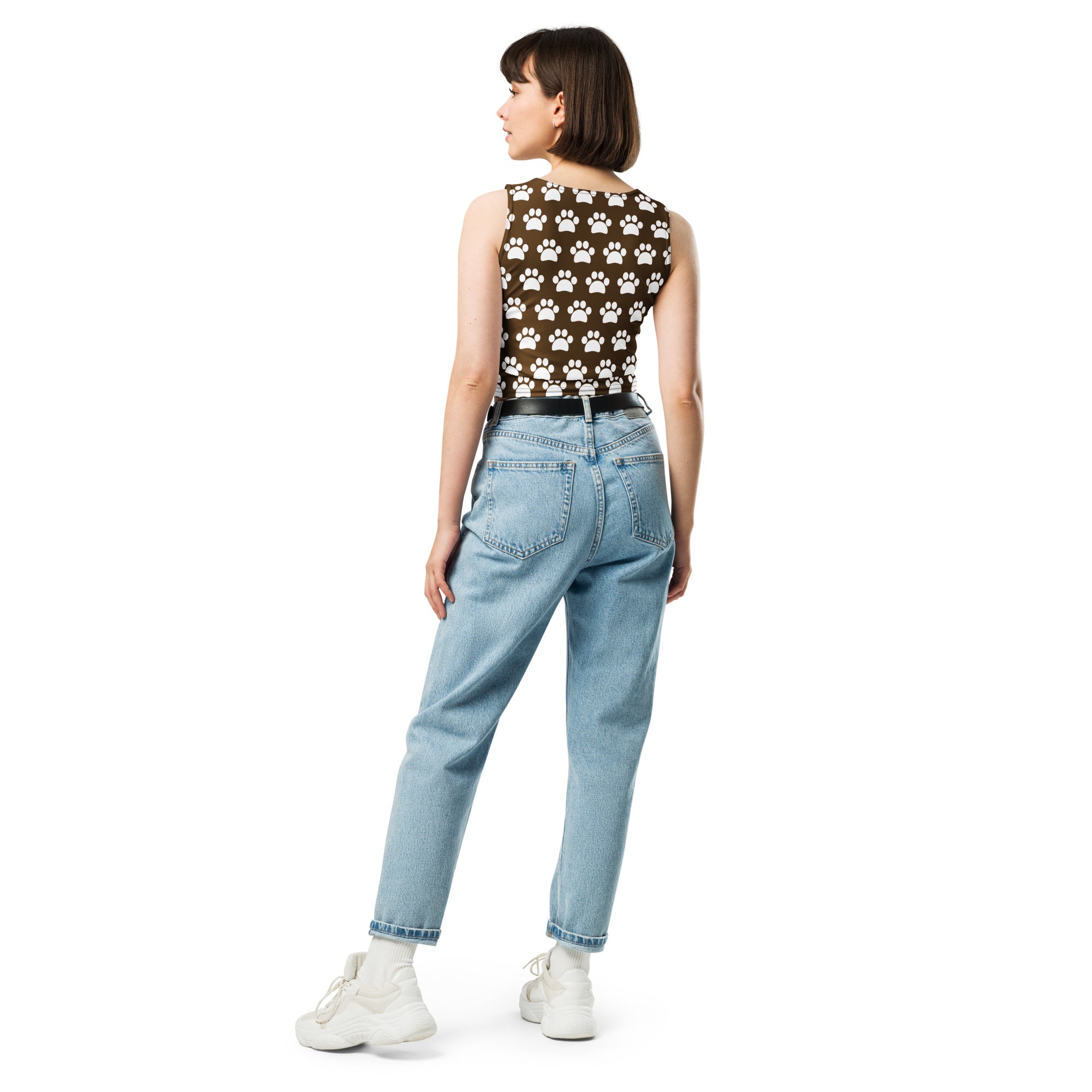 Women's Brown Paw Print Buttery Soft Crop Top- Quick-Drying UPF 50+ Stretch Top