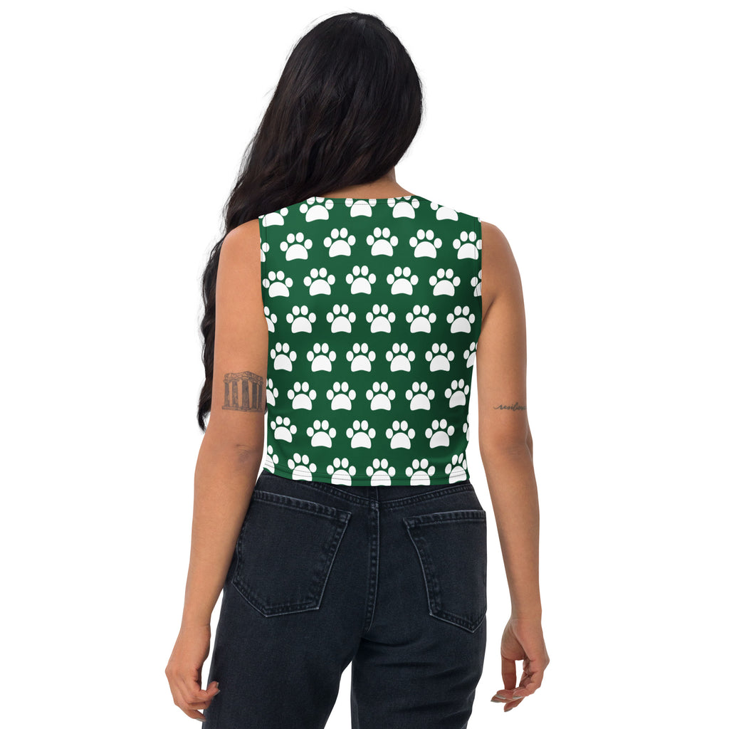 Women's Dark Green Paw Print Buttery Soft Crop Top- Quick-Drying UPF 50+ Stretch Top