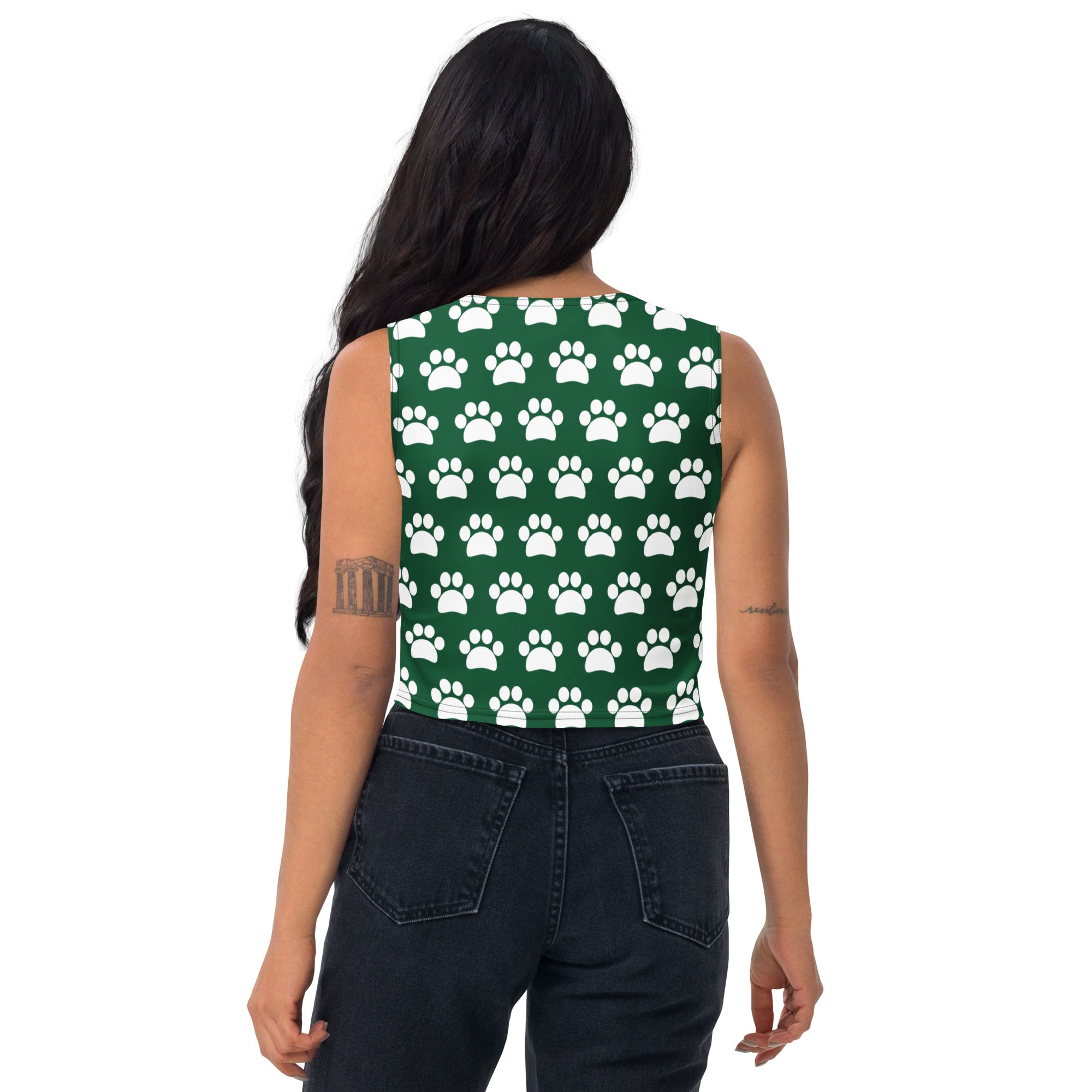 Women's Dark Green Paw Print Buttery Soft Crop Top- Quick-Drying UPF 50+ Stretch Top