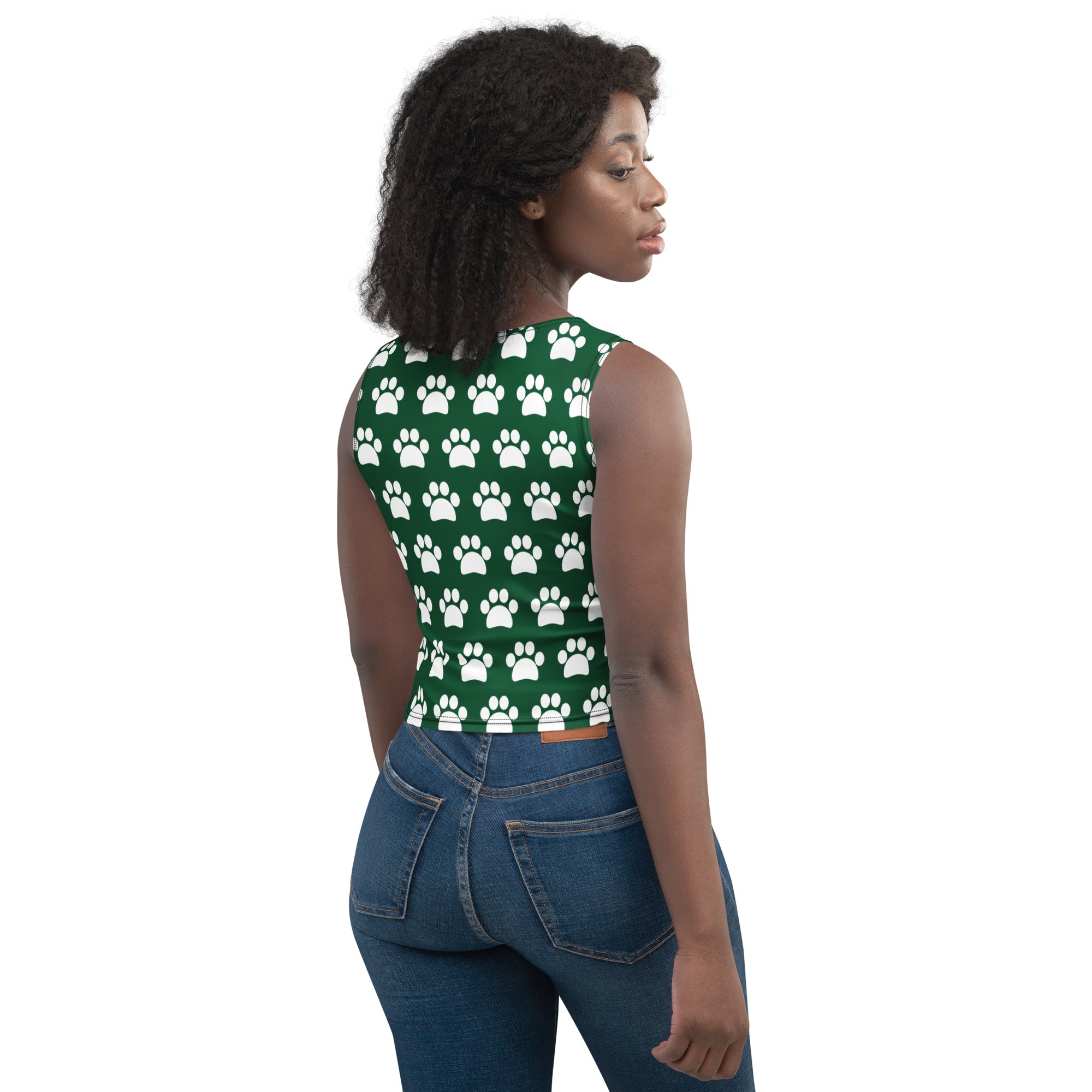 Women's Dark Green Paw Print Buttery Soft Crop Top- Quick-Drying UPF 50+ Stretch Top