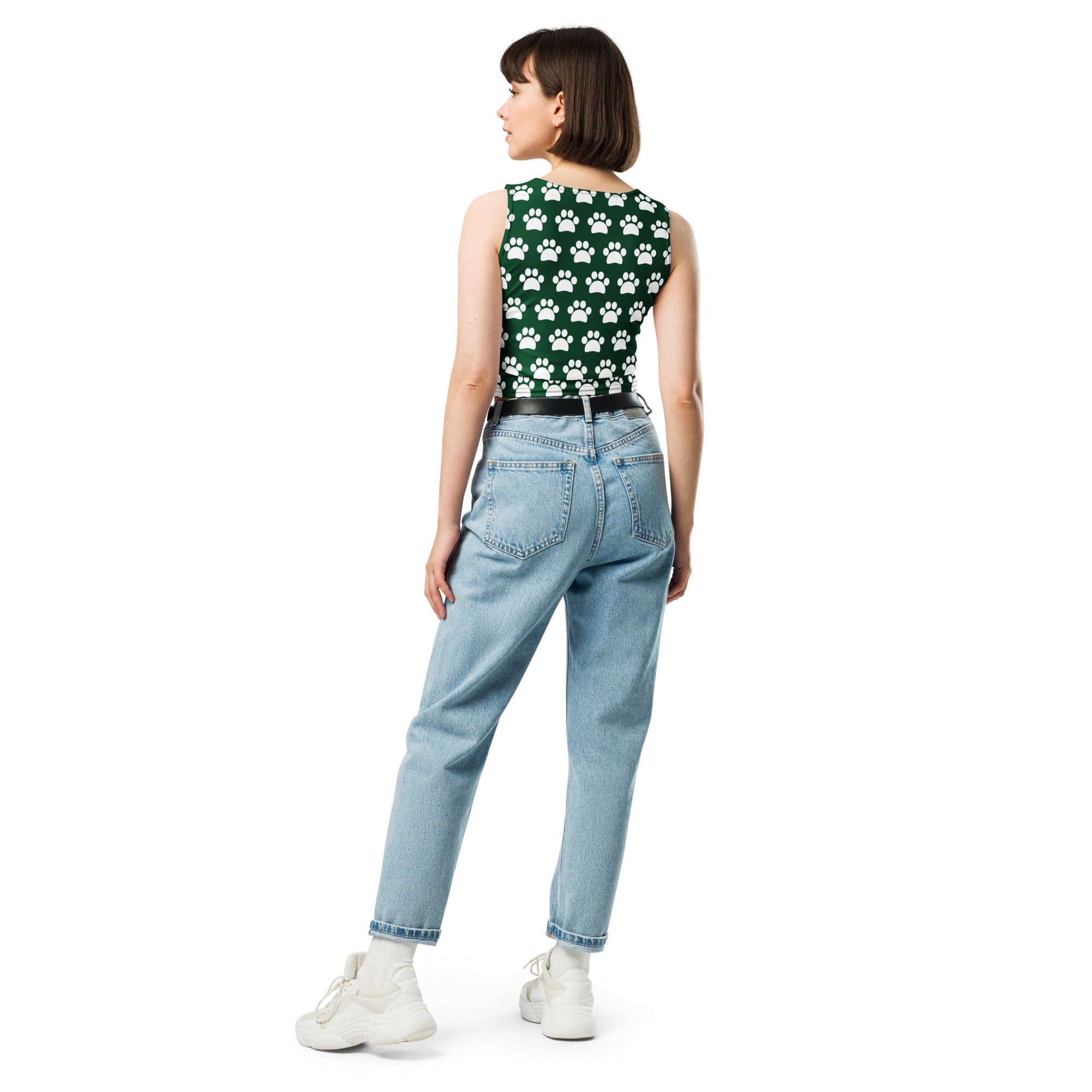 Women's Dark Green Paw Print Buttery Soft Crop Top- Quick-Drying UPF 50+ Stretch Top