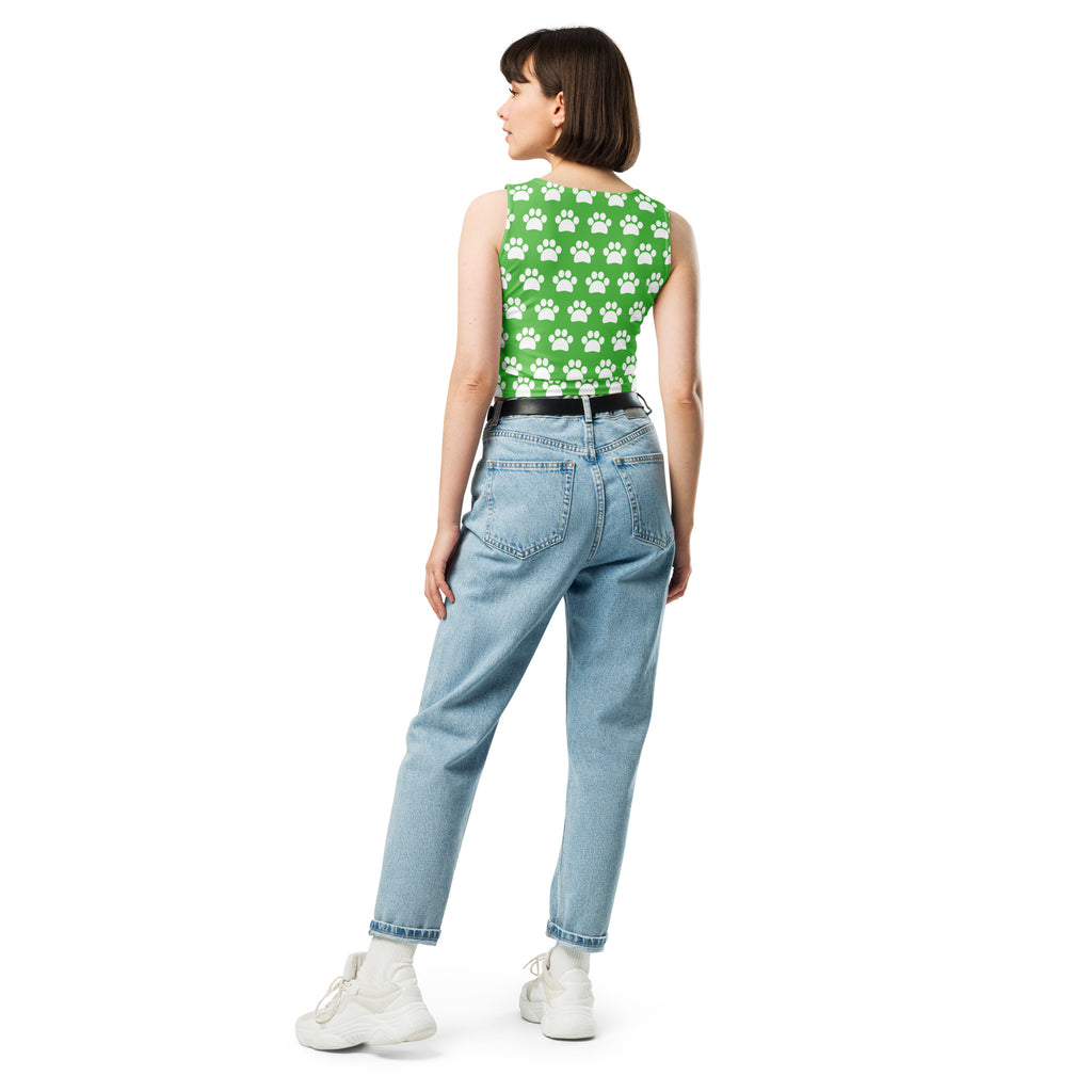 Women's Green Paw Print Buttery Soft Crop Top- Quick-Drying UPF 50+ Stretch Top