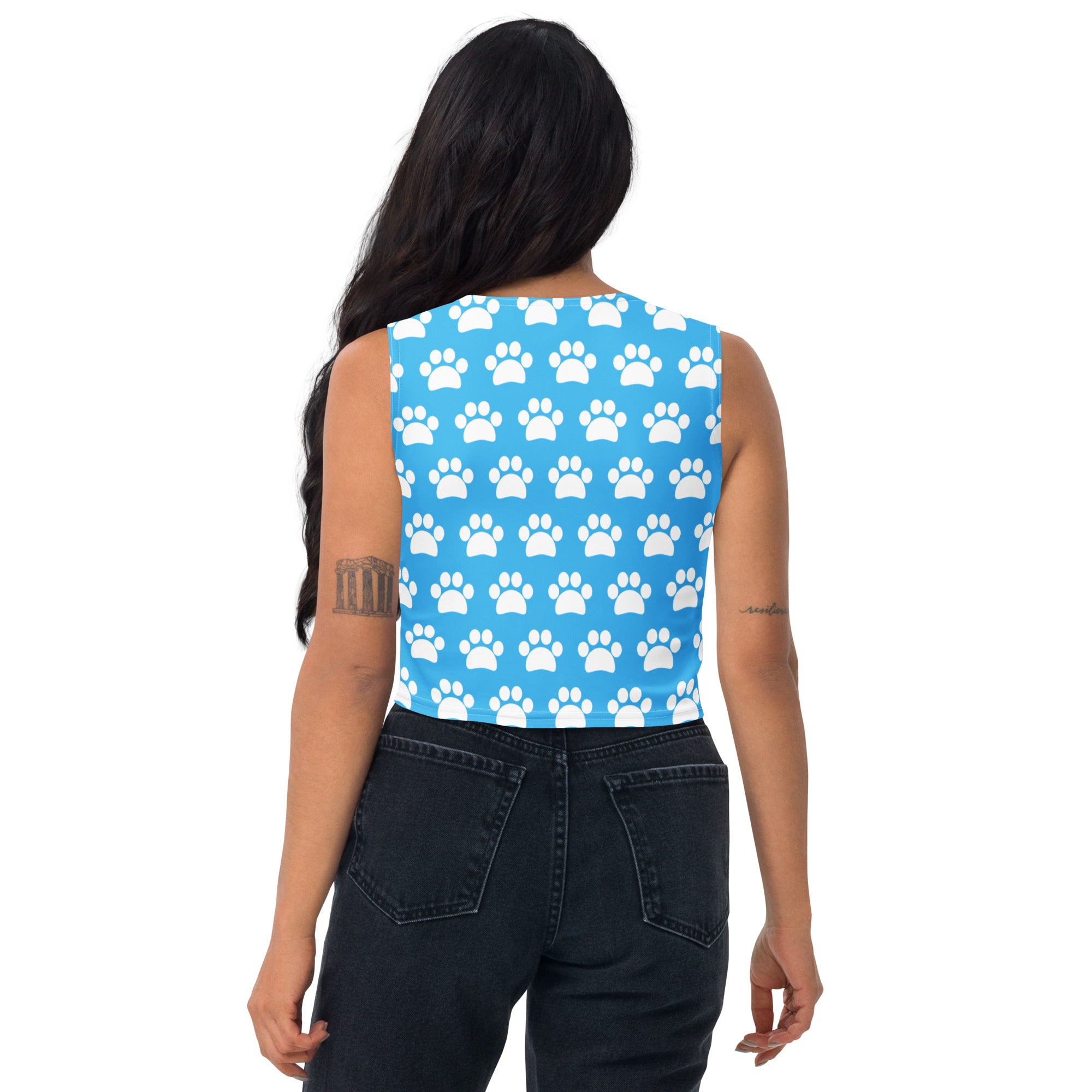 Women's Light Blue Paw Print Buttery Soft Crop Top- Quick-Drying UPF 50+ Stretch Top