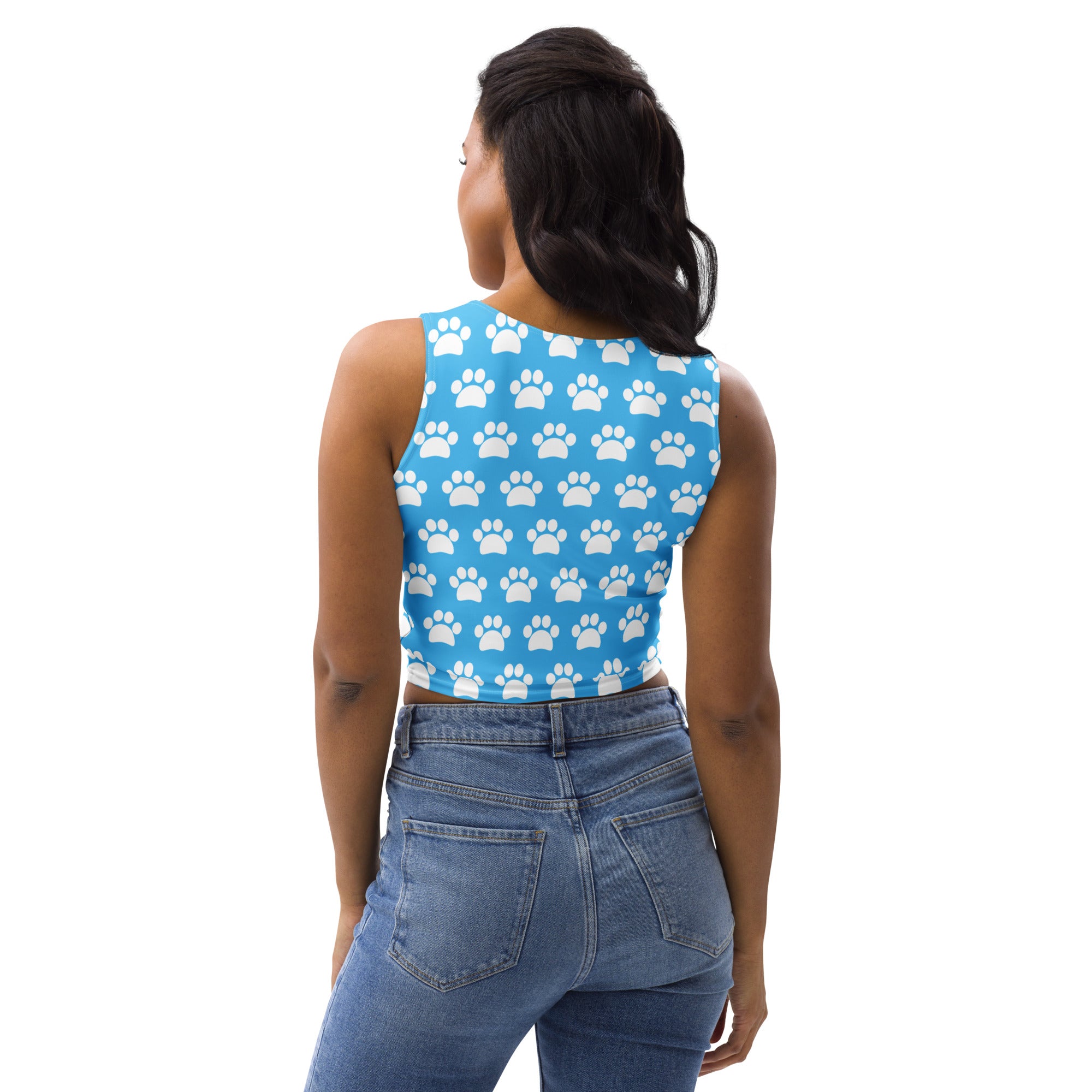 Women's Light Blue Paw Print Buttery Soft Crop Top- Quick-Drying UPF 50+ Stretch Top