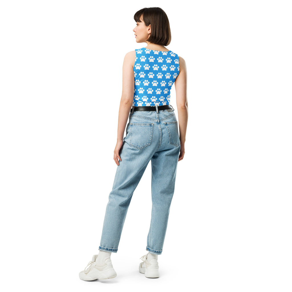 Women's Light Blue Paw Print Buttery Soft Crop Top- Quick-Drying UPF 50+ Stretch Top