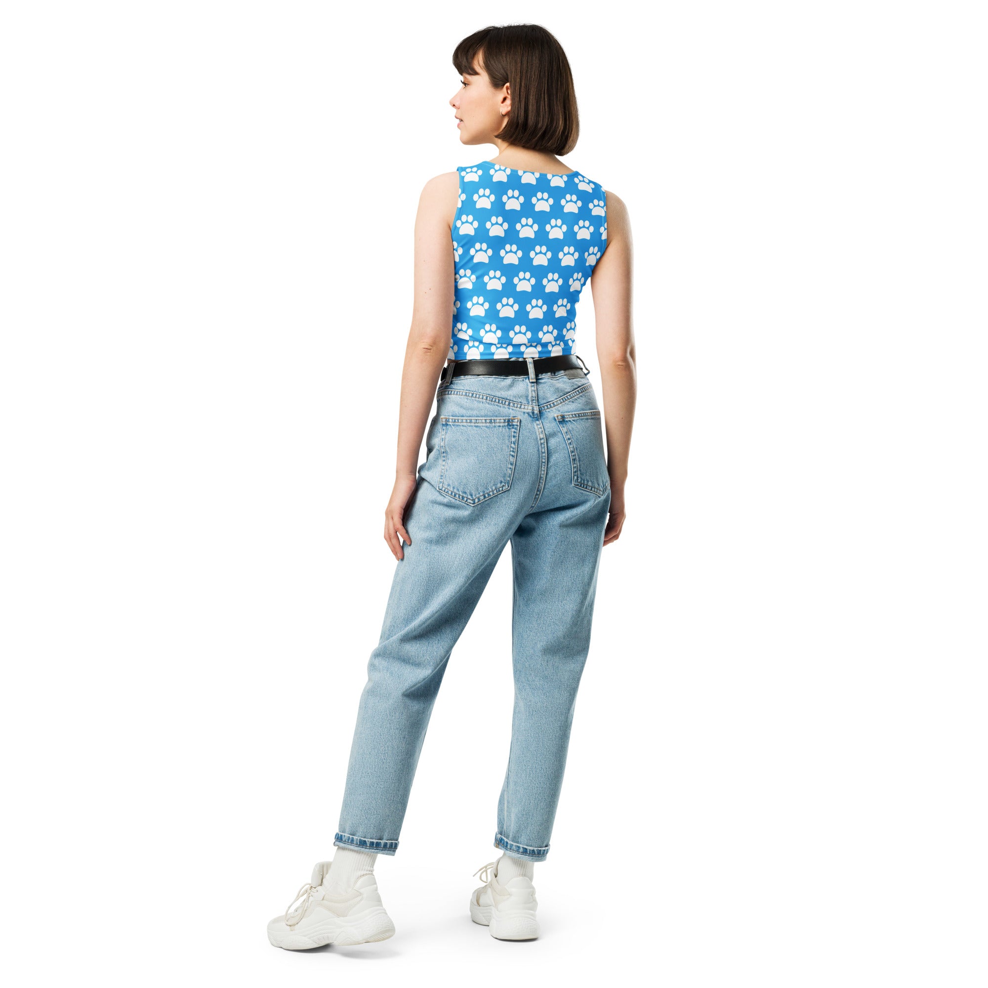 Women's Light Blue Paw Print Buttery Soft Crop Top- Quick-Drying UPF 50+ Stretch Top