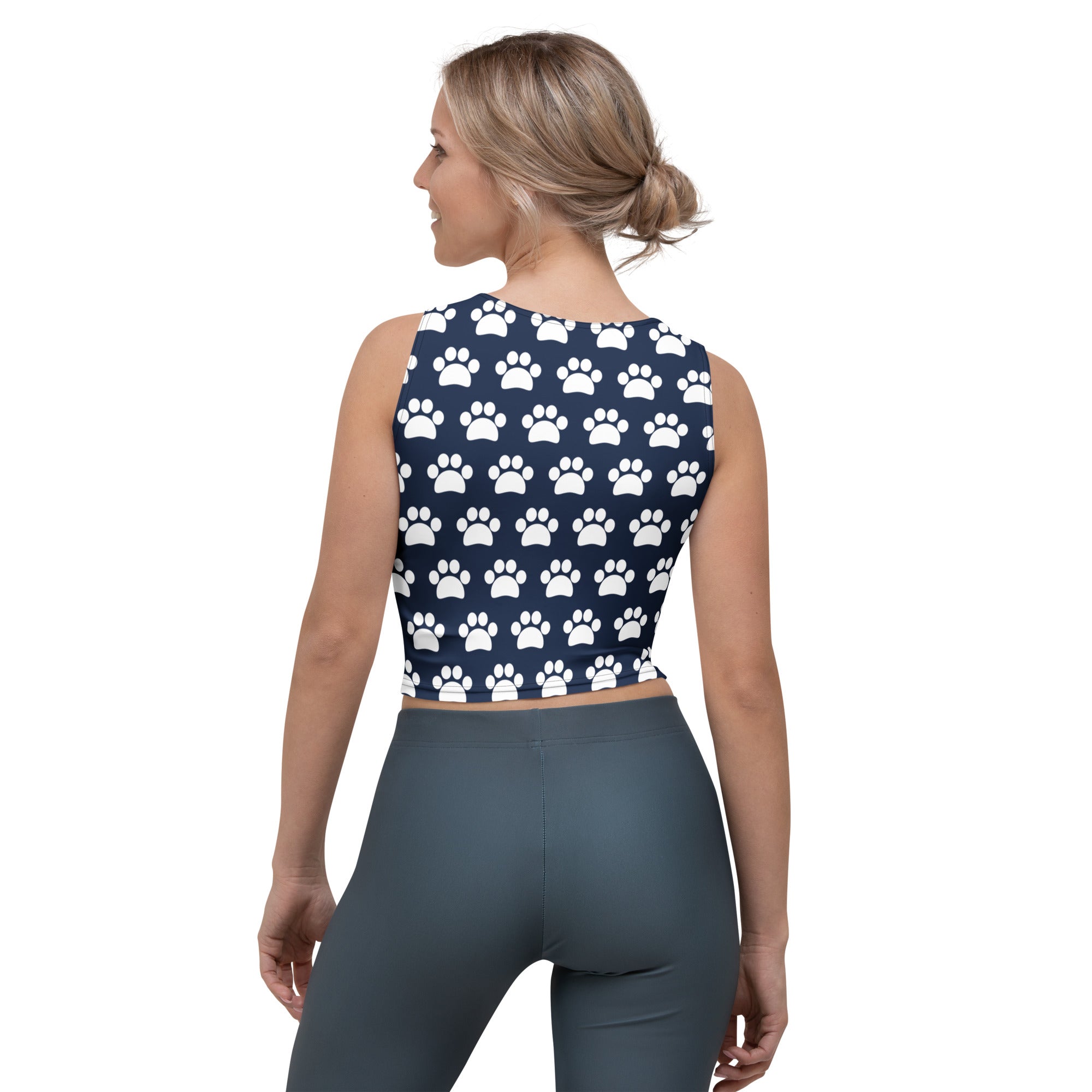 Women's Navy Paw Print Buttery Soft Crop Top- Quick-Drying UPF 50+ Stretch Top