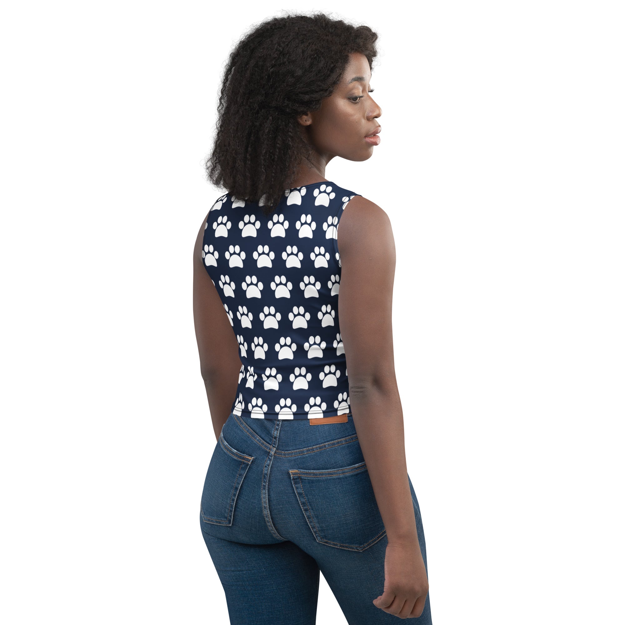 Women's Navy Paw Print Buttery Soft Crop Top- Quick-Drying UPF 50+ Stretch Top