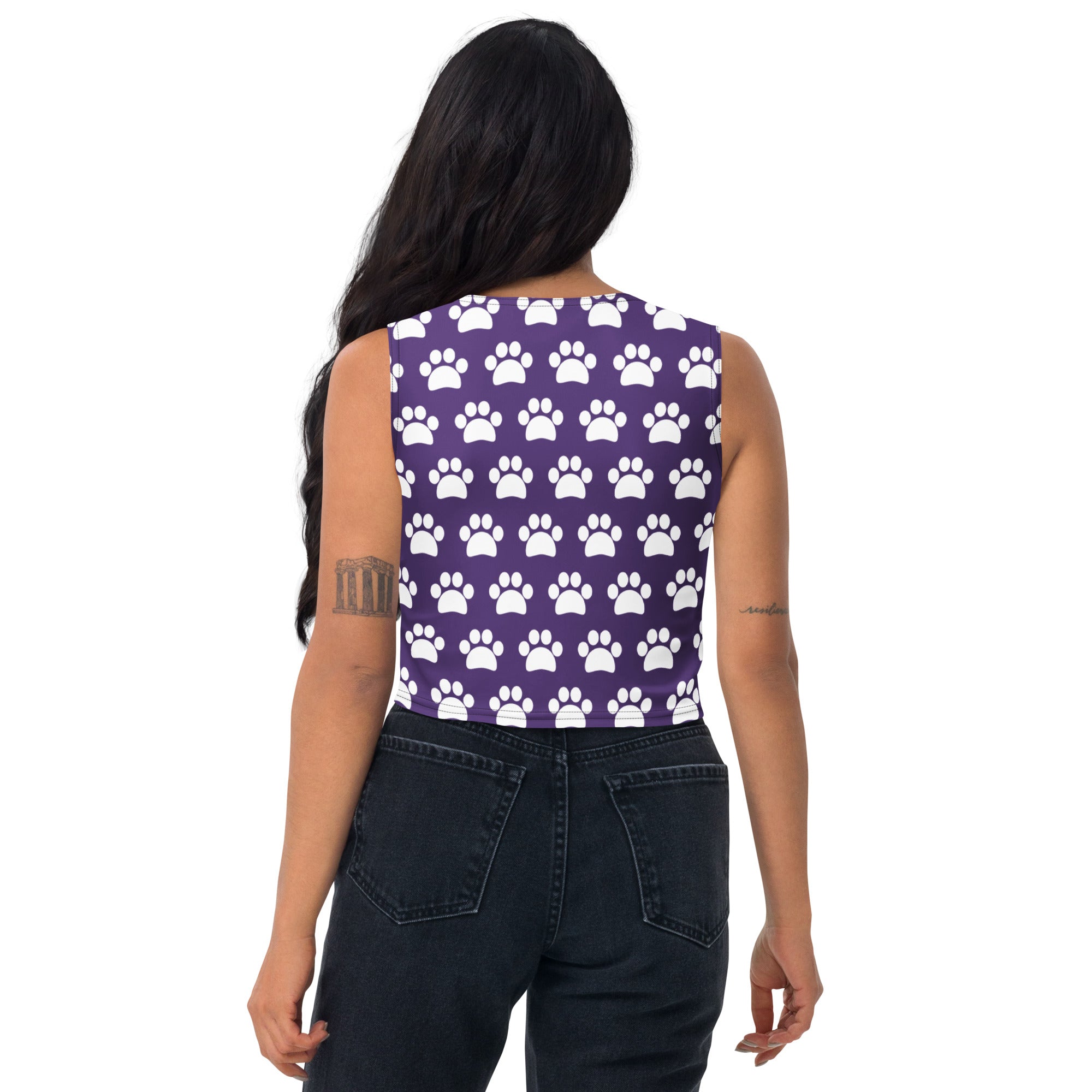 Women's Dark Purple Paw Print Buttery Soft Crop Top- Quick-Drying UPF 50+ Stretch Top