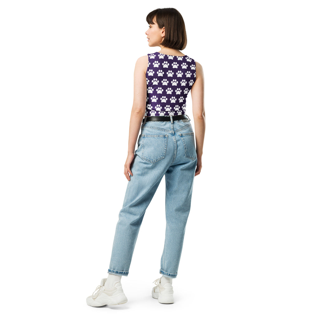 Women's Dark Purple Paw Print Buttery Soft Crop Top- Quick-Drying UPF 50+ Stretch Top