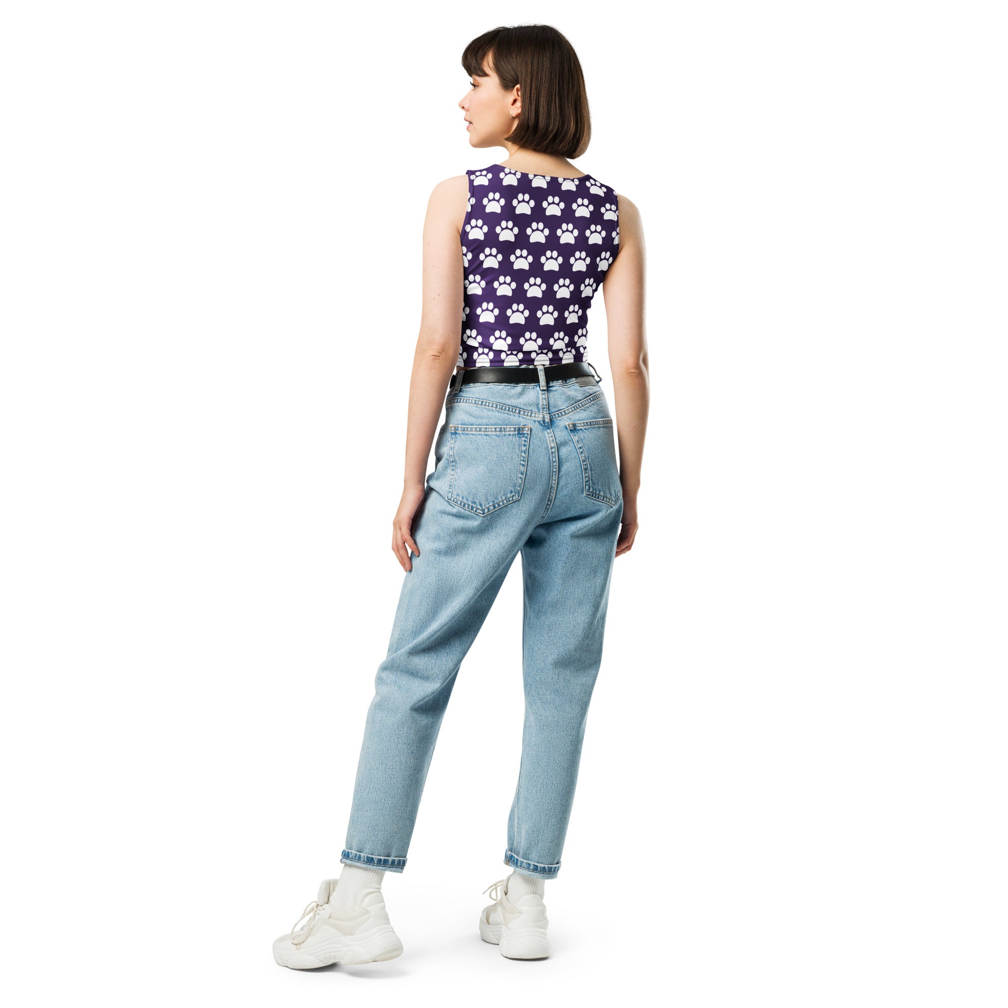 Women's Dark Purple Paw Print Buttery Soft Crop Top- Quick-Drying UPF 50+ Stretch Top