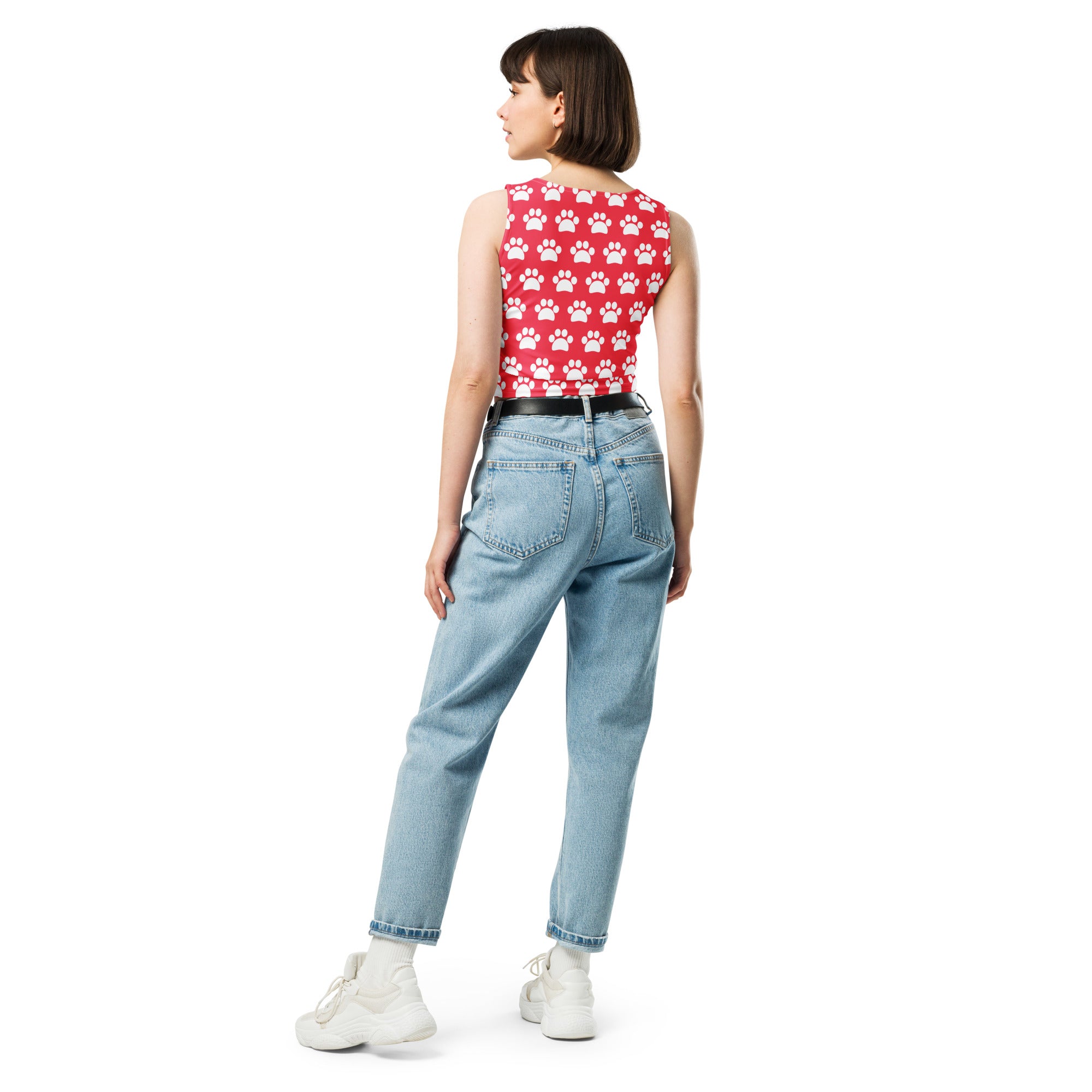 Women's Bright Pink Paw Print Buttery Soft Crop Top- Quick-Drying UPF 50+ Stretch Top