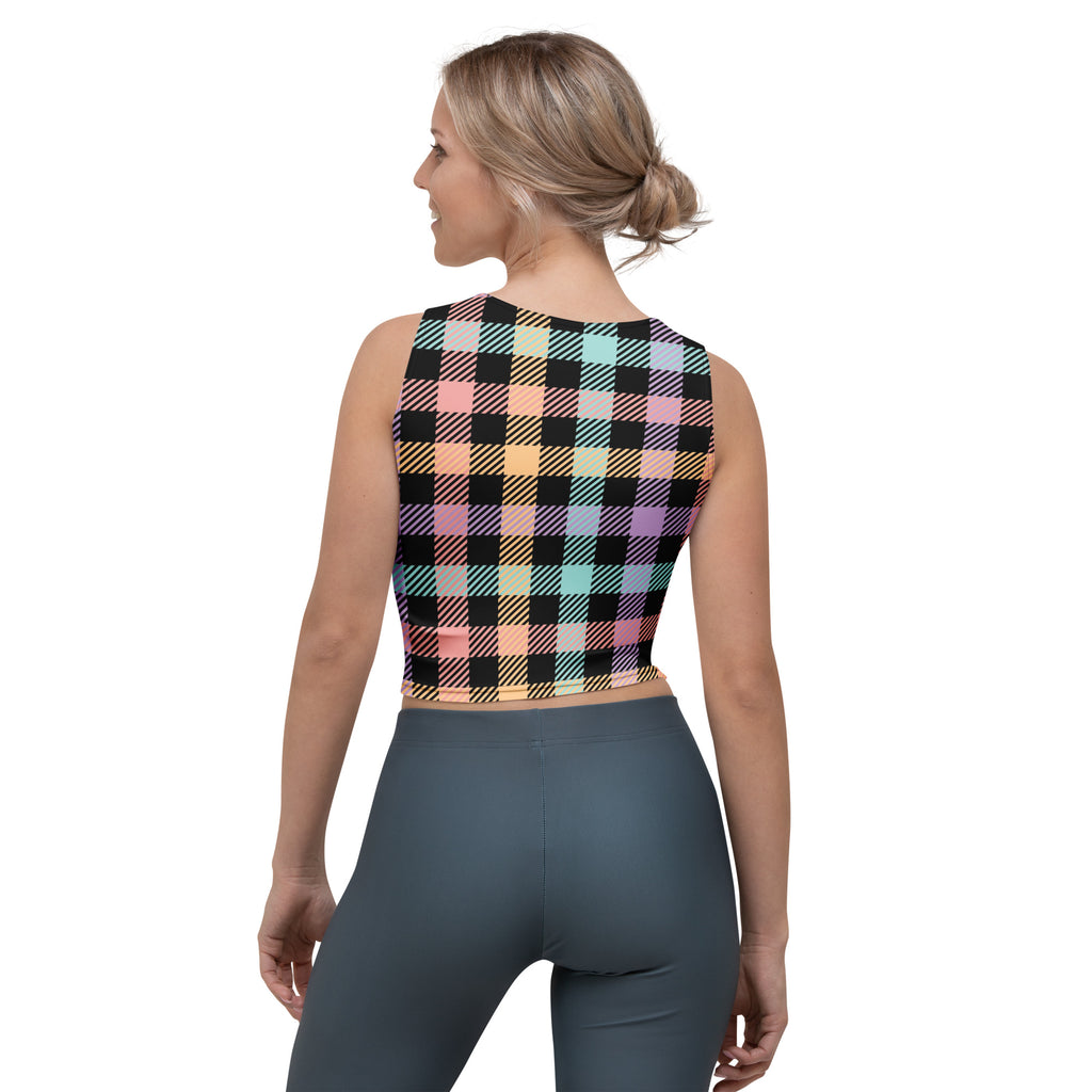 Women's Pastel Rainbow Plaid Buttery Soft Crop Top- Quick-Drying UPF 50+ Stretch Top