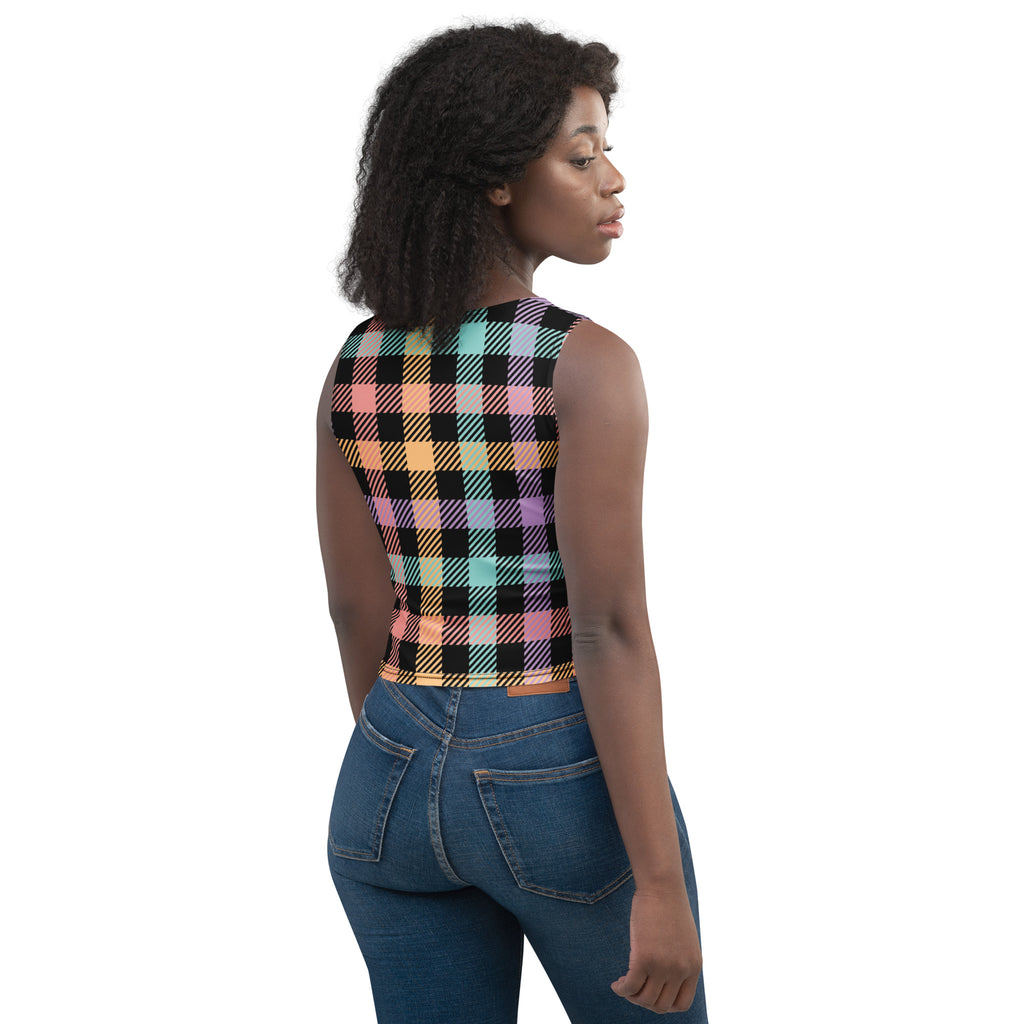 Women's Pastel Rainbow Plaid Buttery Soft Crop Top- Quick-Drying UPF 50+ Stretch Top
