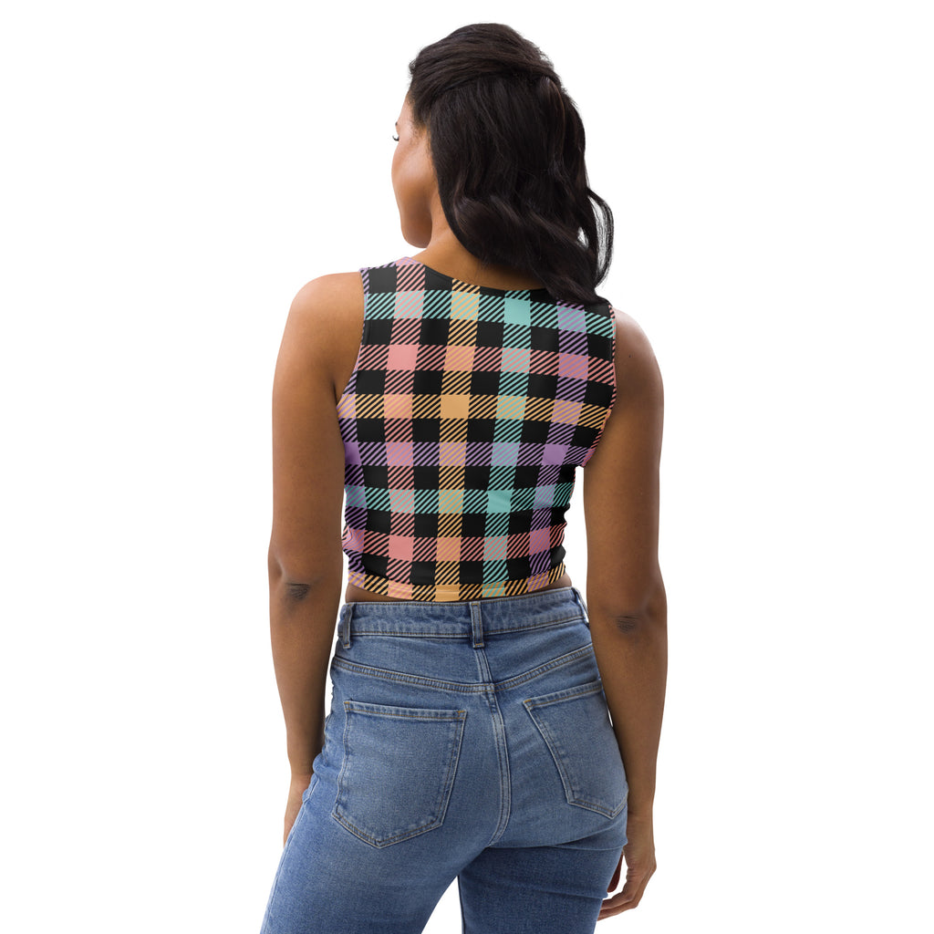 Women's Pastel Rainbow Plaid Buttery Soft Crop Top- Quick-Drying UPF 50+ Stretch Top