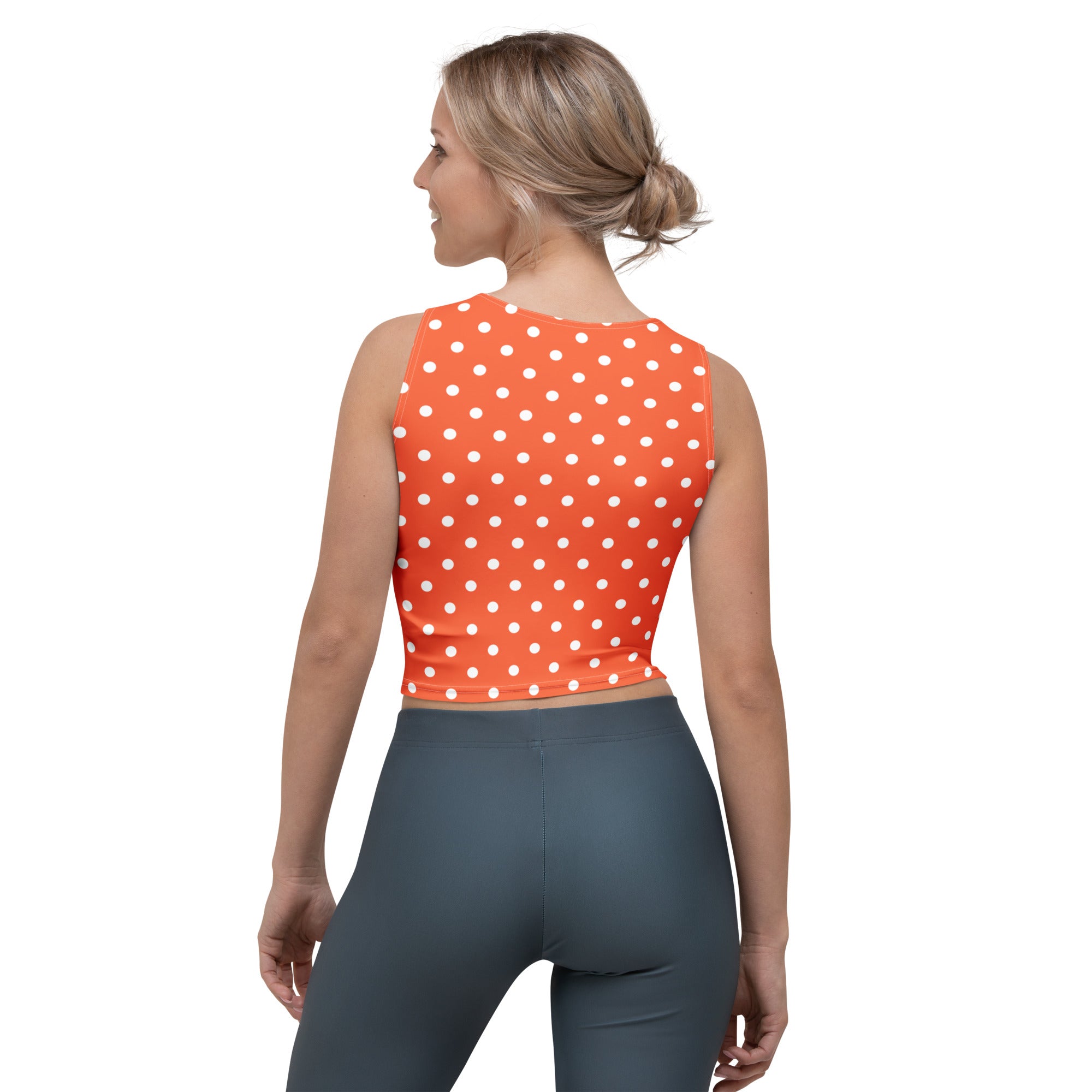Women's Bright Orange Polka Dot Buttery Soft Crop Top- Quick-Drying UPF 50+ Stretch Top
