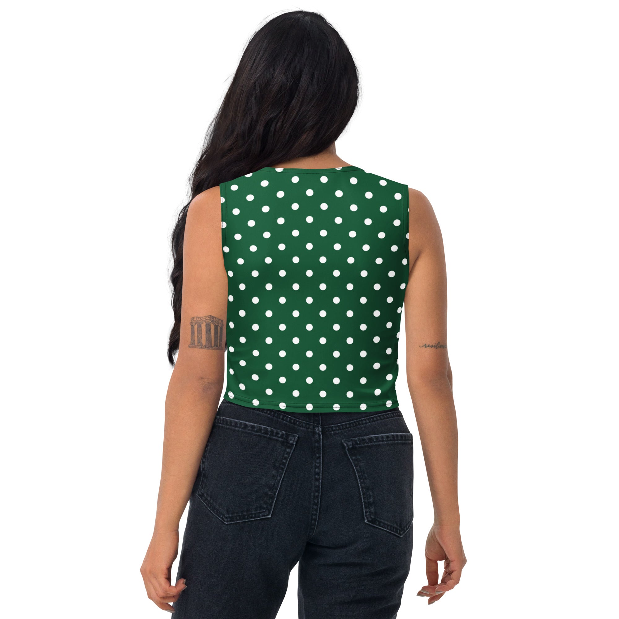 Women's Dark Green Polka Dot Buttery Soft Crop Top- Quick-Drying UPF 50+ Stretch Top