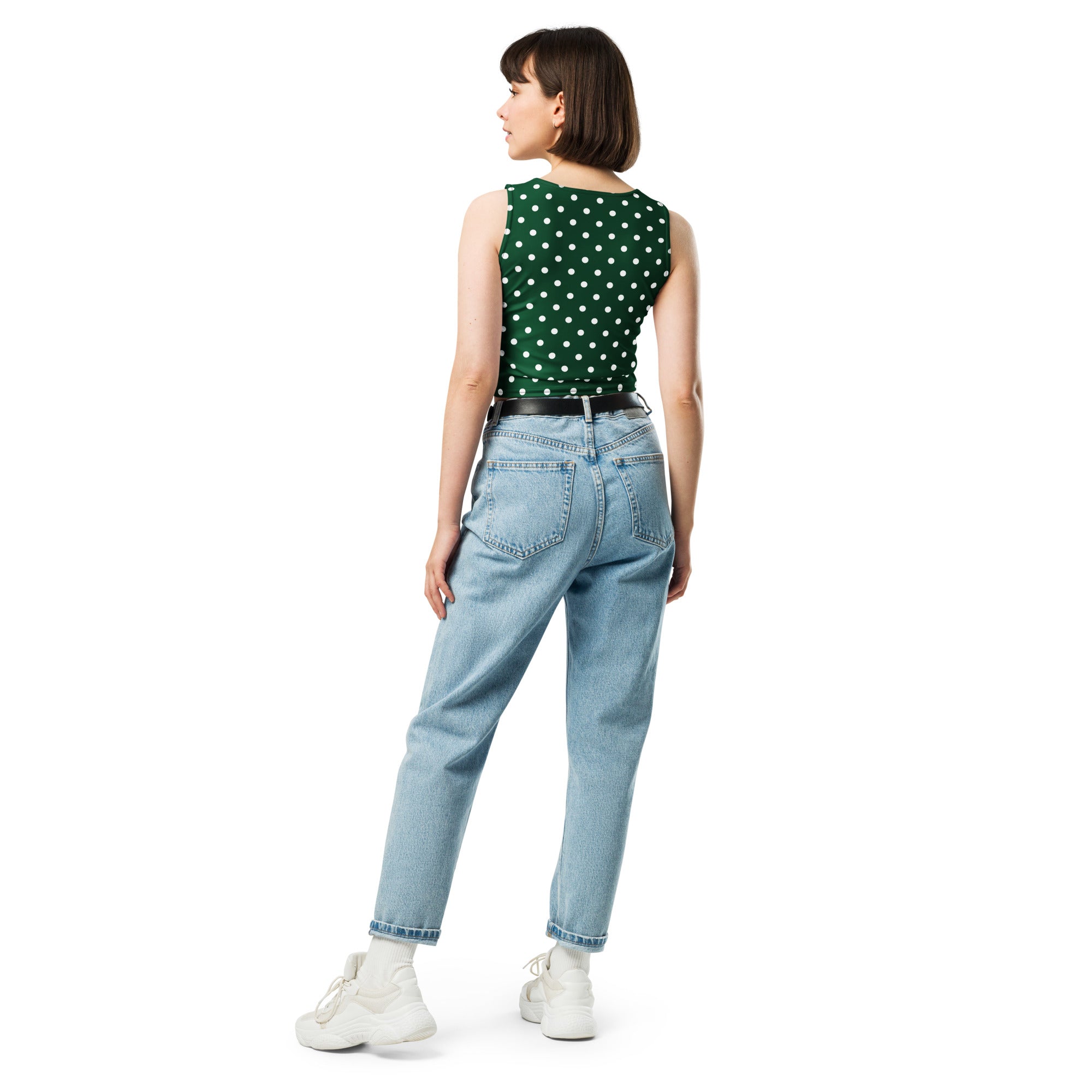Women's Dark Green Polka Dot Buttery Soft Crop Top- Quick-Drying UPF 50+ Stretch Top