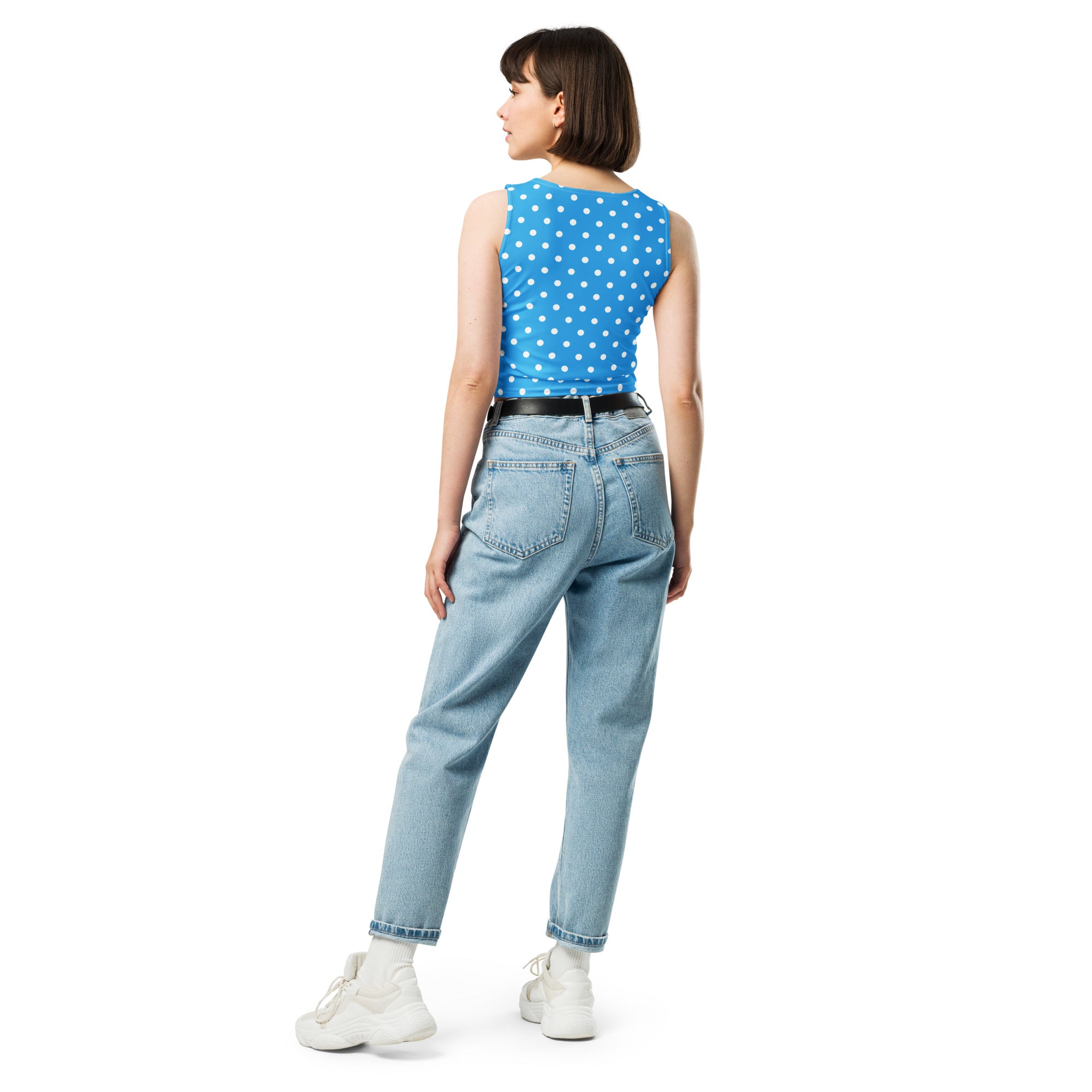 Women's Light Blue Polka Dot Buttery Soft Crop Top- Quick-Drying UPF 50+ Stretch Top
