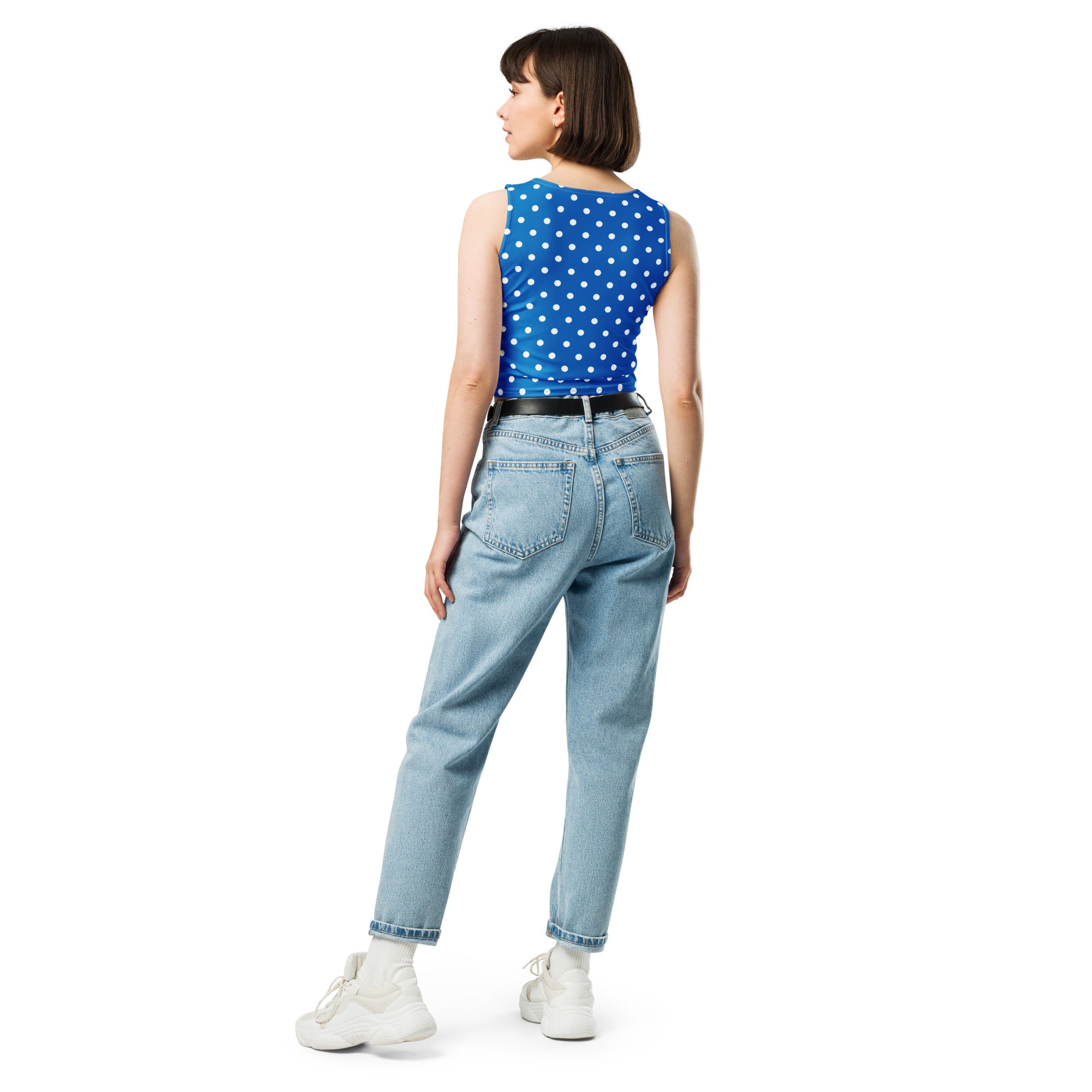 Women's Royal Blue Polka Dot Buttery Soft Crop Top- Quick-Drying UPF 50+ Stretch Top
