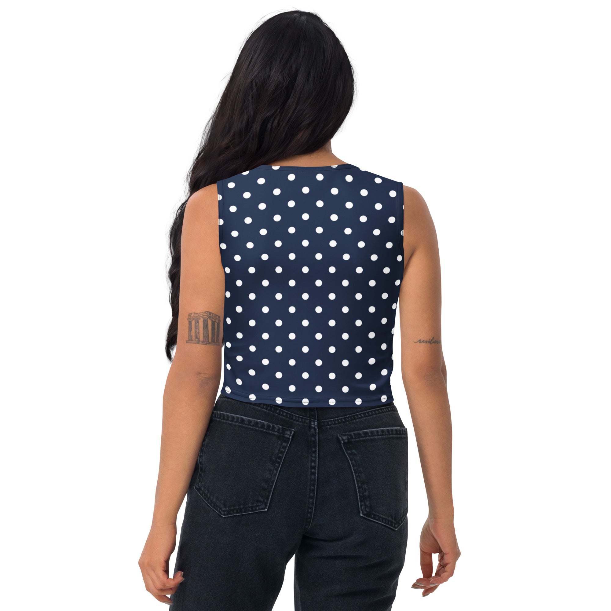 Women's Navy Blue Polka Dot Buttery Soft Crop Top- Quick-Drying UPF 50+ Stretch Top