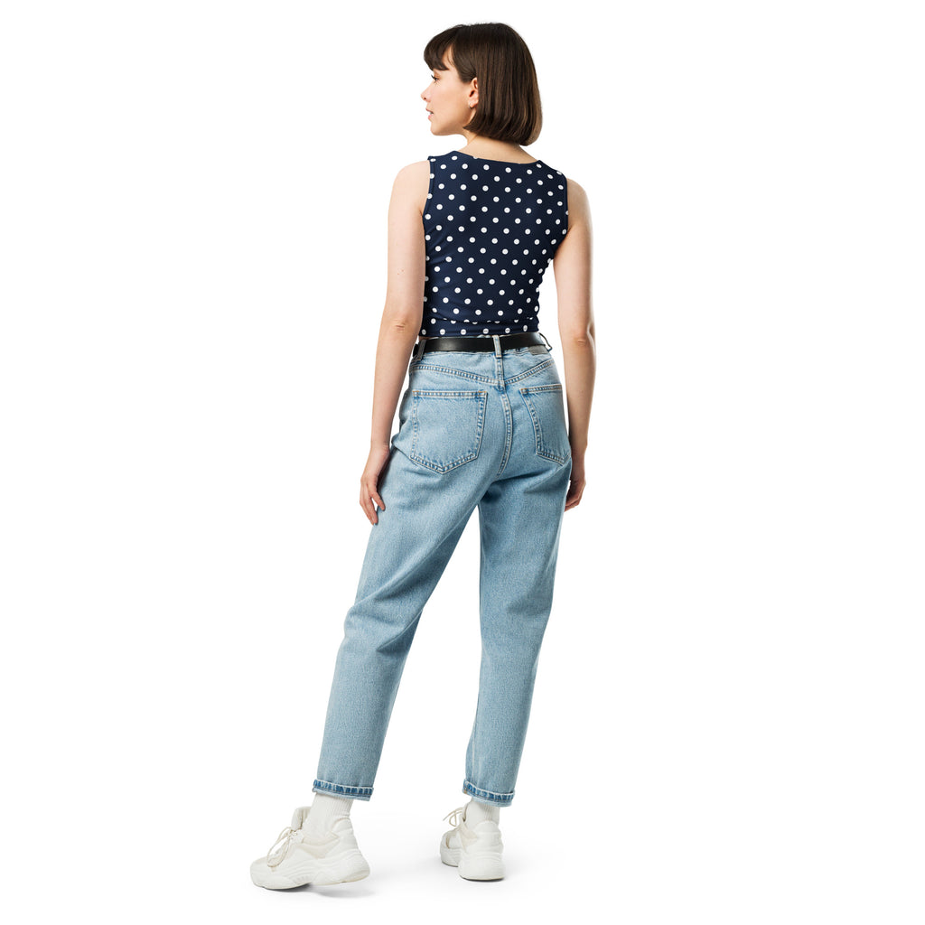 Women's Navy Blue Polka Dot Buttery Soft Crop Top- Quick-Drying UPF 50+ Stretch Top