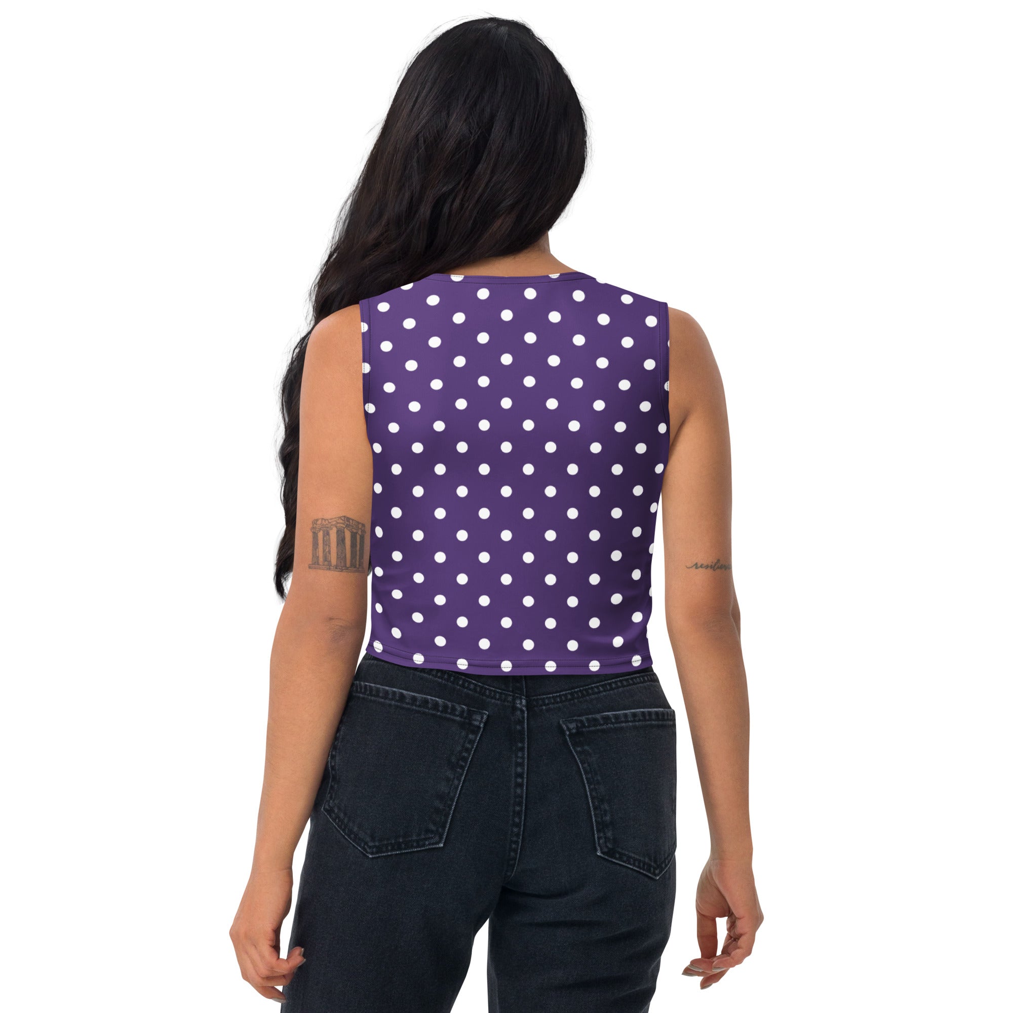 Women's Dark Purple Polka Dot Buttery Soft Crop Top- Quick-Drying UPF 50+ Stretch Top