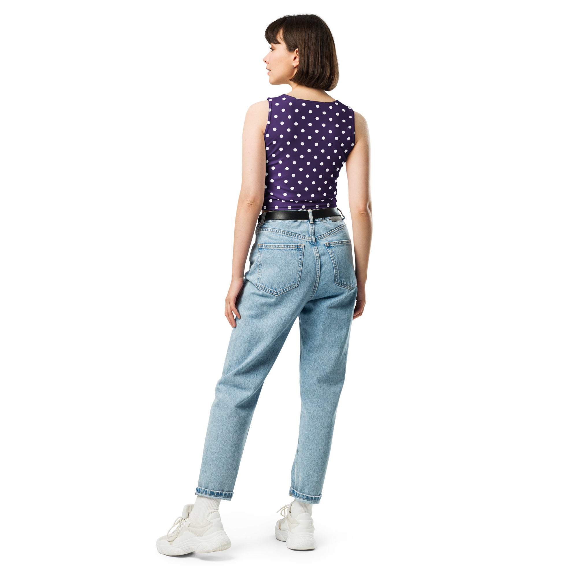 Women's Dark Purple Polka Dot Buttery Soft Crop Top- Quick-Drying UPF 50+ Stretch Top