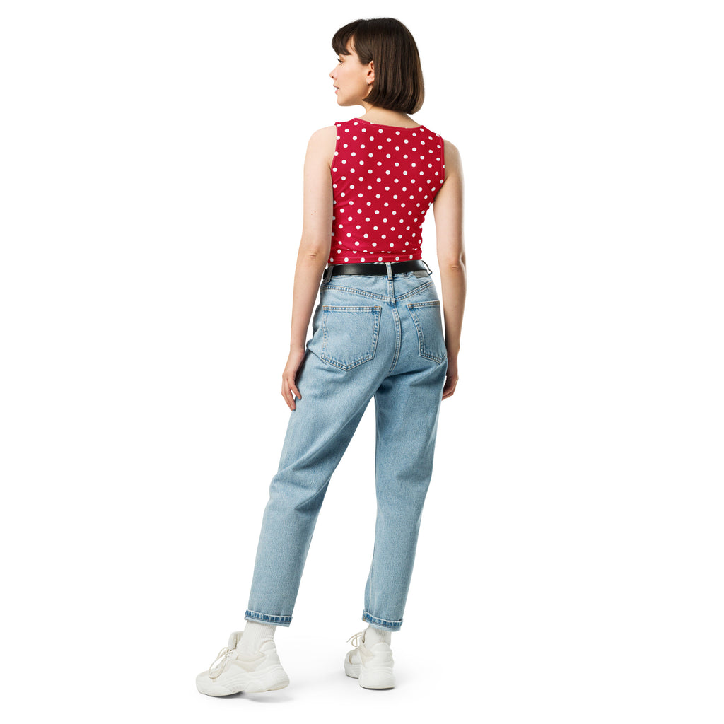 Women's Crimson Red Polka Dot Buttery Soft Crop Top- Quick-Drying UPF 50+ Stretch Top