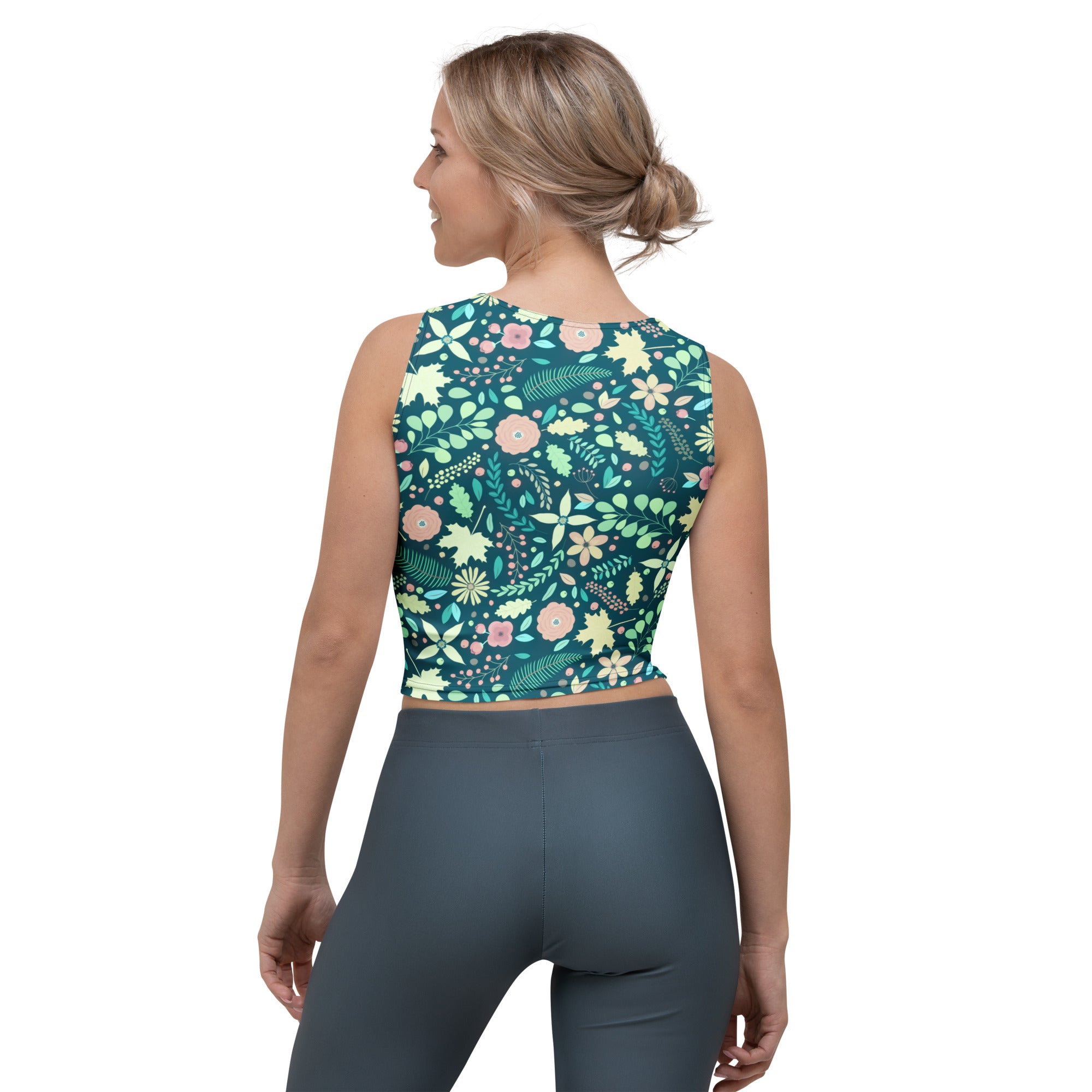 Women's Dark Green Floral Buttery Soft Crop Top- Quick-Drying UPF 50+ Stretch Top