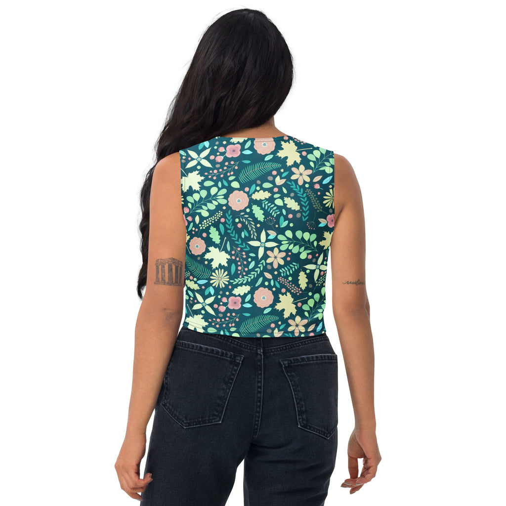 Women's Dark Green Floral Buttery Soft Crop Top- Quick-Drying UPF 50+ Stretch Top
