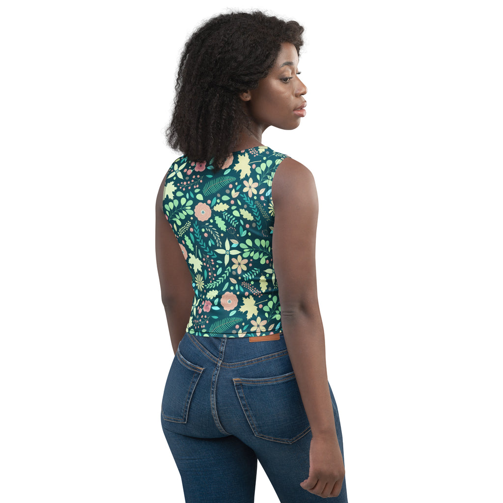 Women's Dark Green Floral Buttery Soft Crop Top- Quick-Drying UPF 50+ Stretch Top