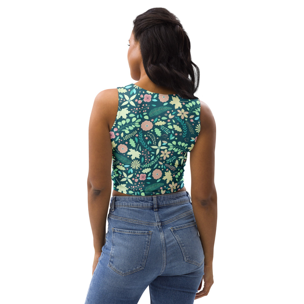 Women's Dark Green Floral Buttery Soft Crop Top- Quick-Drying UPF 50+ Stretch Top