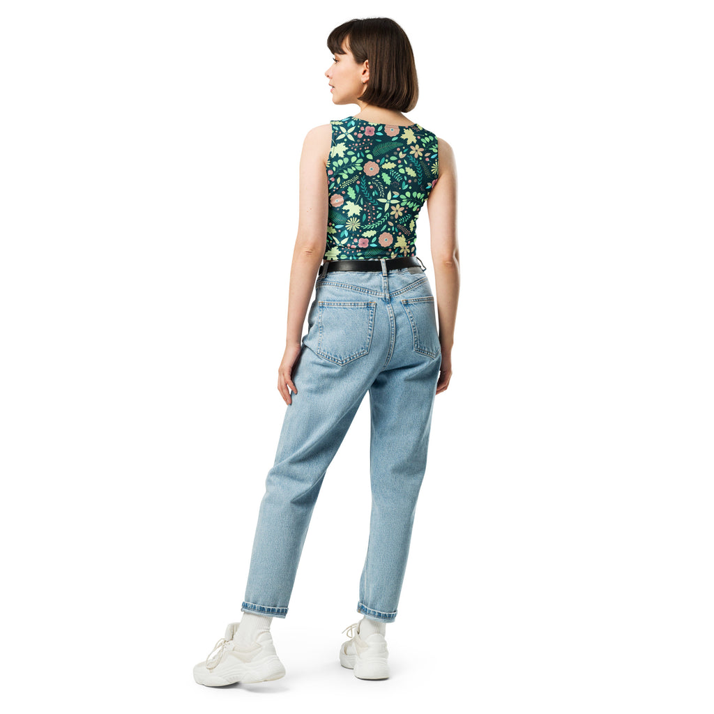 Women's Dark Green Floral Buttery Soft Crop Top- Quick-Drying UPF 50+ Stretch Top