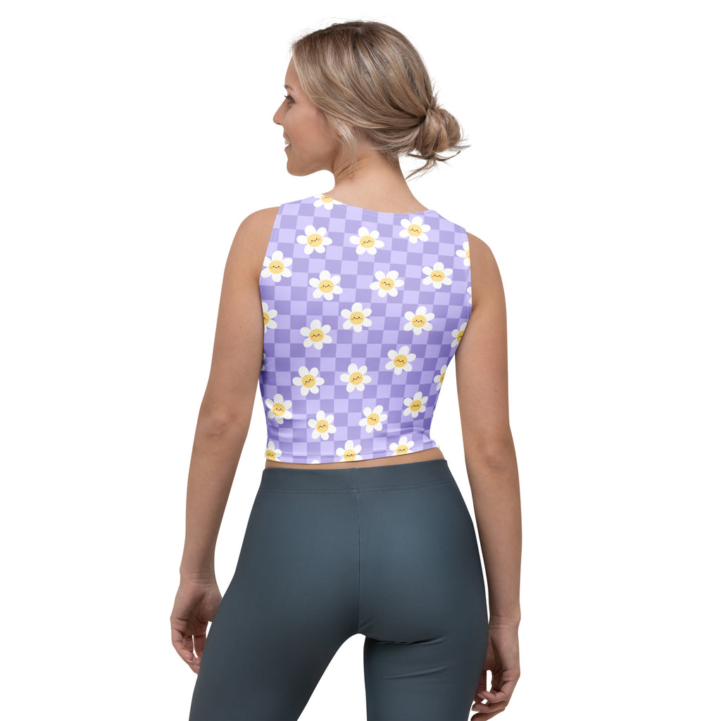 Women's Checkered Lavender Daisy Buttery Soft Crop Top- Quick-Drying UPF 50+ Stretch Top