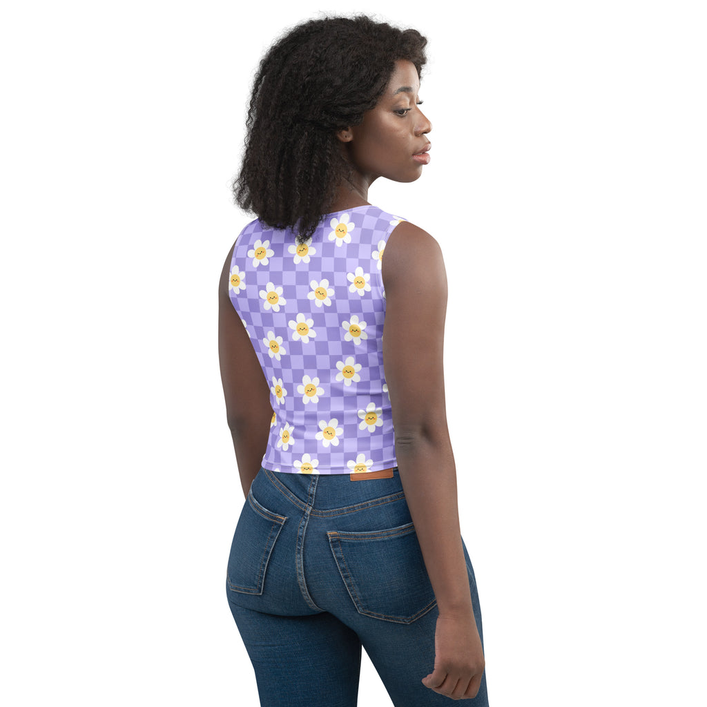 Women's Checkered Lavender Daisy Buttery Soft Crop Top- Quick-Drying UPF 50+ Stretch Top