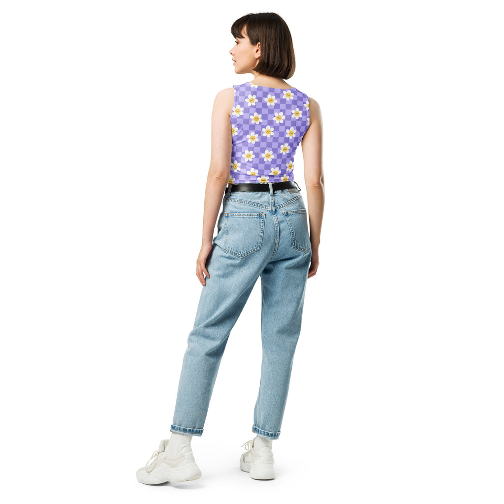 Women's Checkered Lavender Daisy Buttery Soft Crop Top- Quick-Drying UPF 50+ Stretch Top