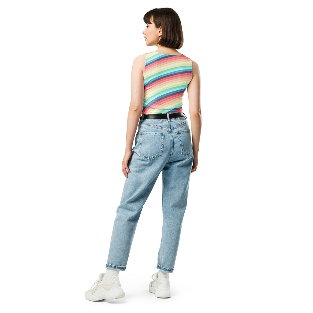 Women's Pastel Beach Rainbow Stripe Buttery Soft Crop Top- Quick-Drying UPF 50+ Stretch Top