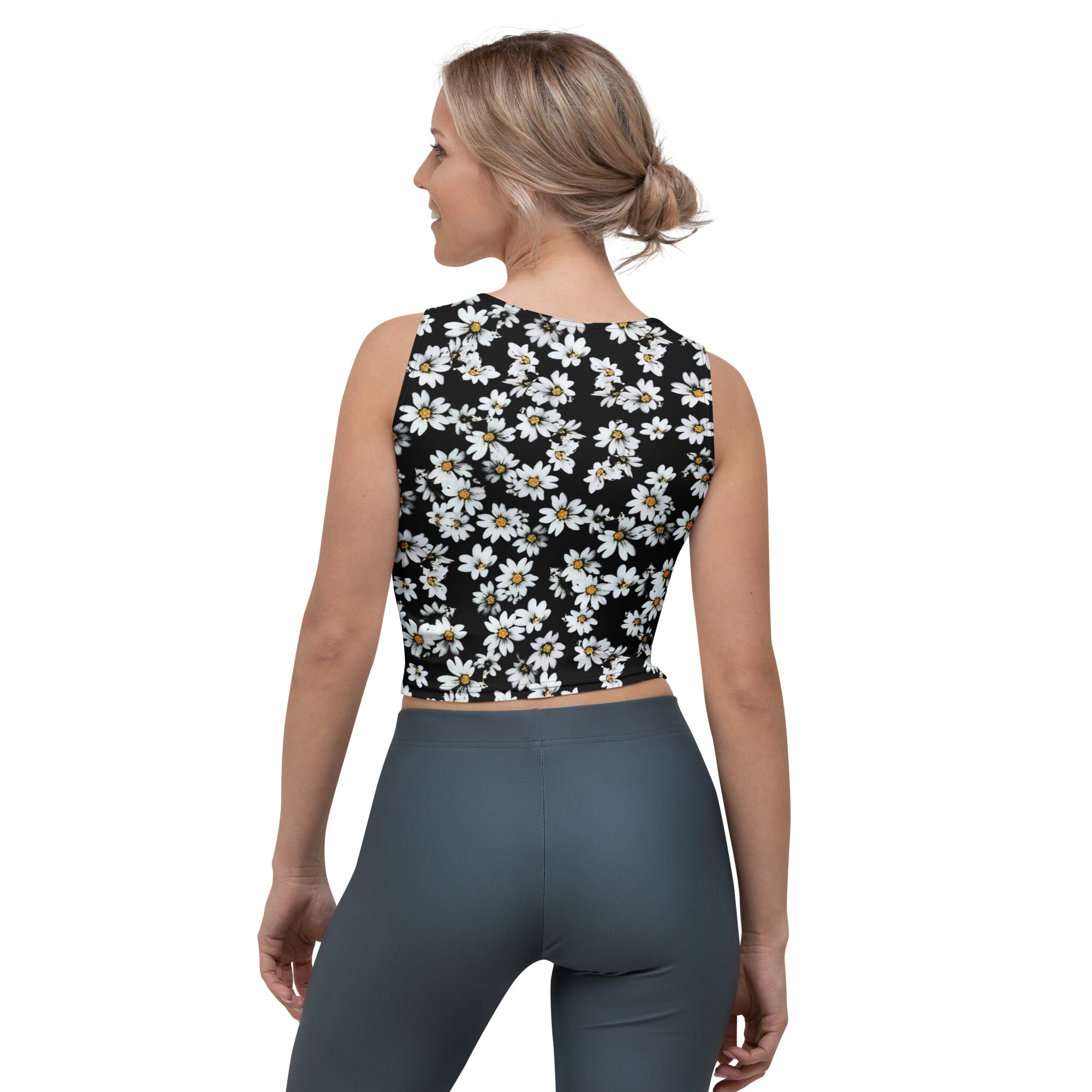 Women's Black Daisy Buttery Soft Crop Top- Quick-Drying UPF 50+ Stretch Top