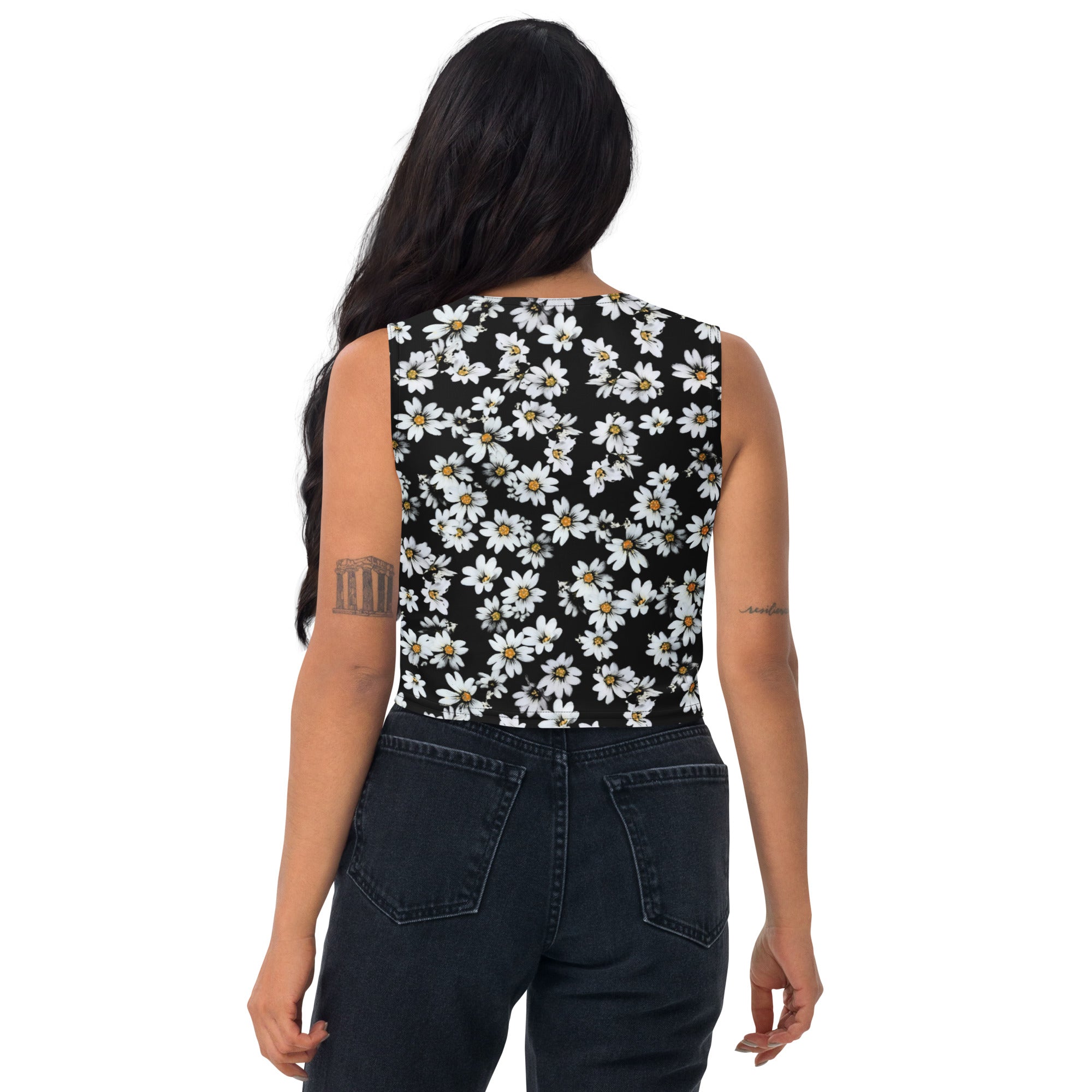 Women's Black Daisy Buttery Soft Crop Top- Quick-Drying UPF 50+ Stretch Top