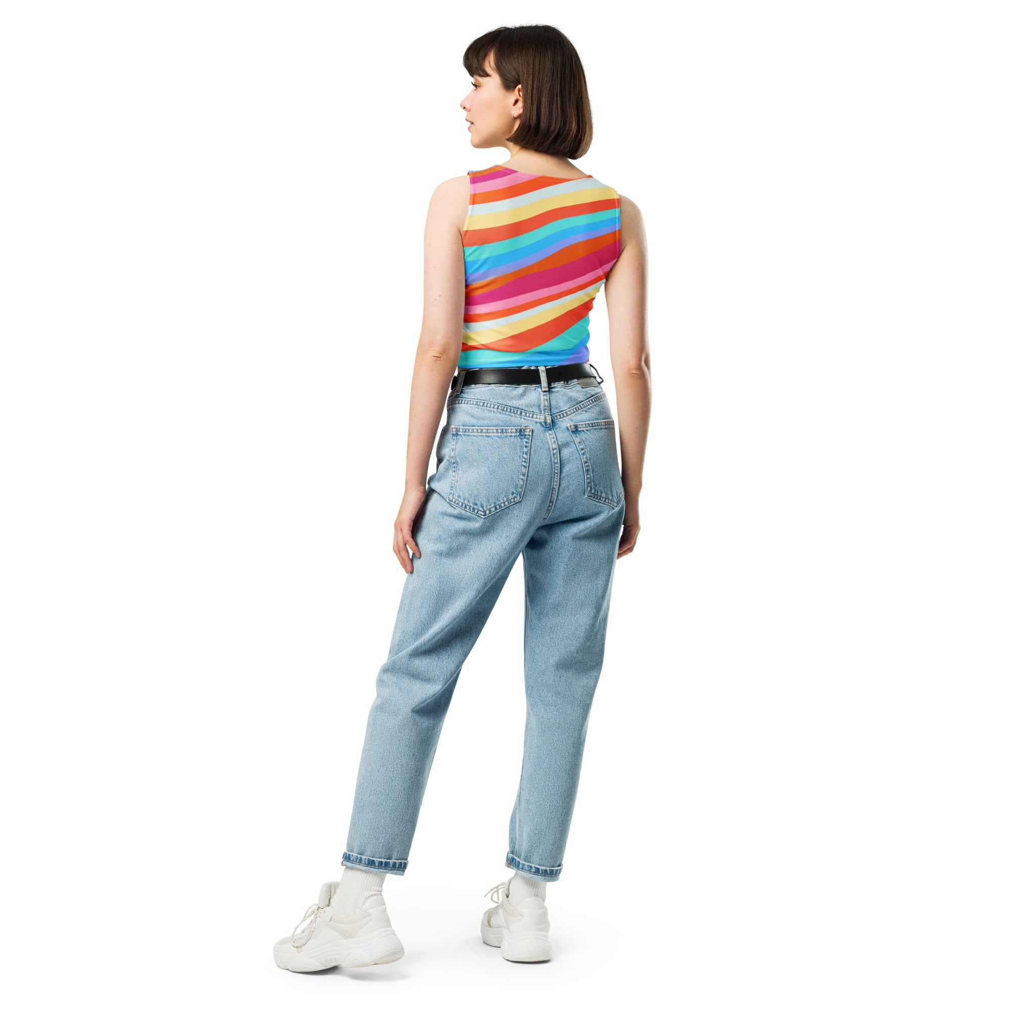 Women's Beach Rainbow Stripe Buttery Soft Crop Top- Quick-Drying UPF 50+ Stretch Top